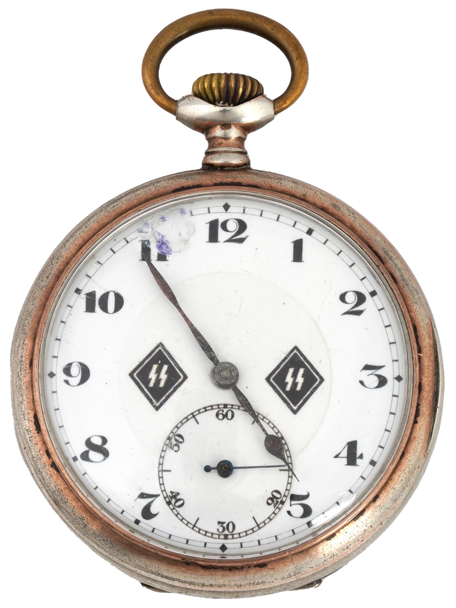 GERMAN WWII TYPE WAFFEN SS POCKET WATCH: A WWII type Nazi German Waffen SS officers wind up pocket watch. A white enamelled dial with black Roman numerals features two double runes with a separate second hand window below. The silver case is