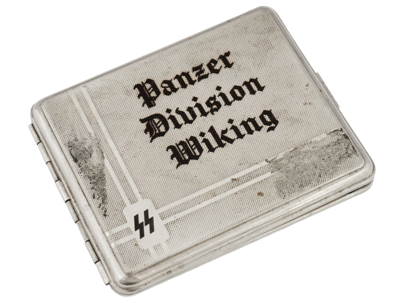 GERMAN WWII WAFFEN SS PANZER DIVISION WIKING CIGARETTE CASE: A World War II type Nazi German steel cigarette case with a hinged lid. The lid is decorated with a ribbed design, and inscribed, Panzer Division Wiking, and decorated with SS runes. The backside is a