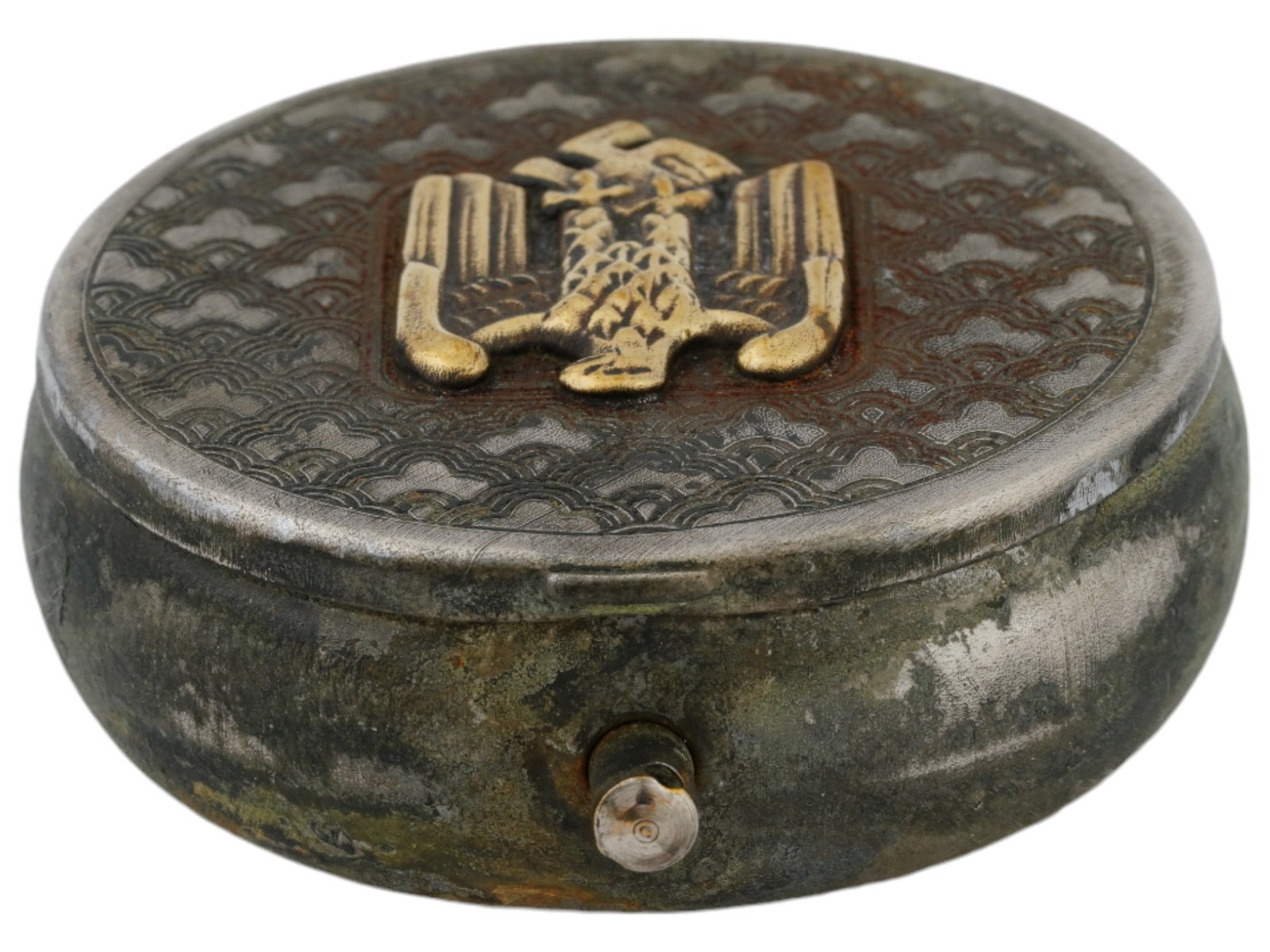 GERMAN WWII TYPE ARMY OFFICERS POCKET ASHTRAY: A World War II type Nazi German stainless steel military pocket ashtray with a hinged lid. The lid is decorated with an embossed foliage pattern and gilt overlay representing a Reichsadler nazi eagle