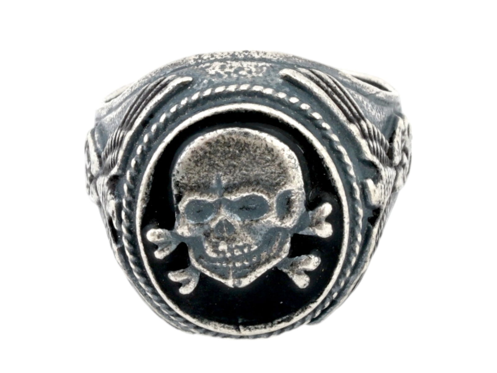 GERMAN WWII TYPE WAFFEN SS DIVISION TOTENKOPF SILVER RING: A WWII Nazi German Third Reich type Waffen SS Totenkopf enamelled Silver ring. The exterior of the ring is engraved with Nazi eagle swastika insignias on the sides and a Totenkopf skull with bones swa