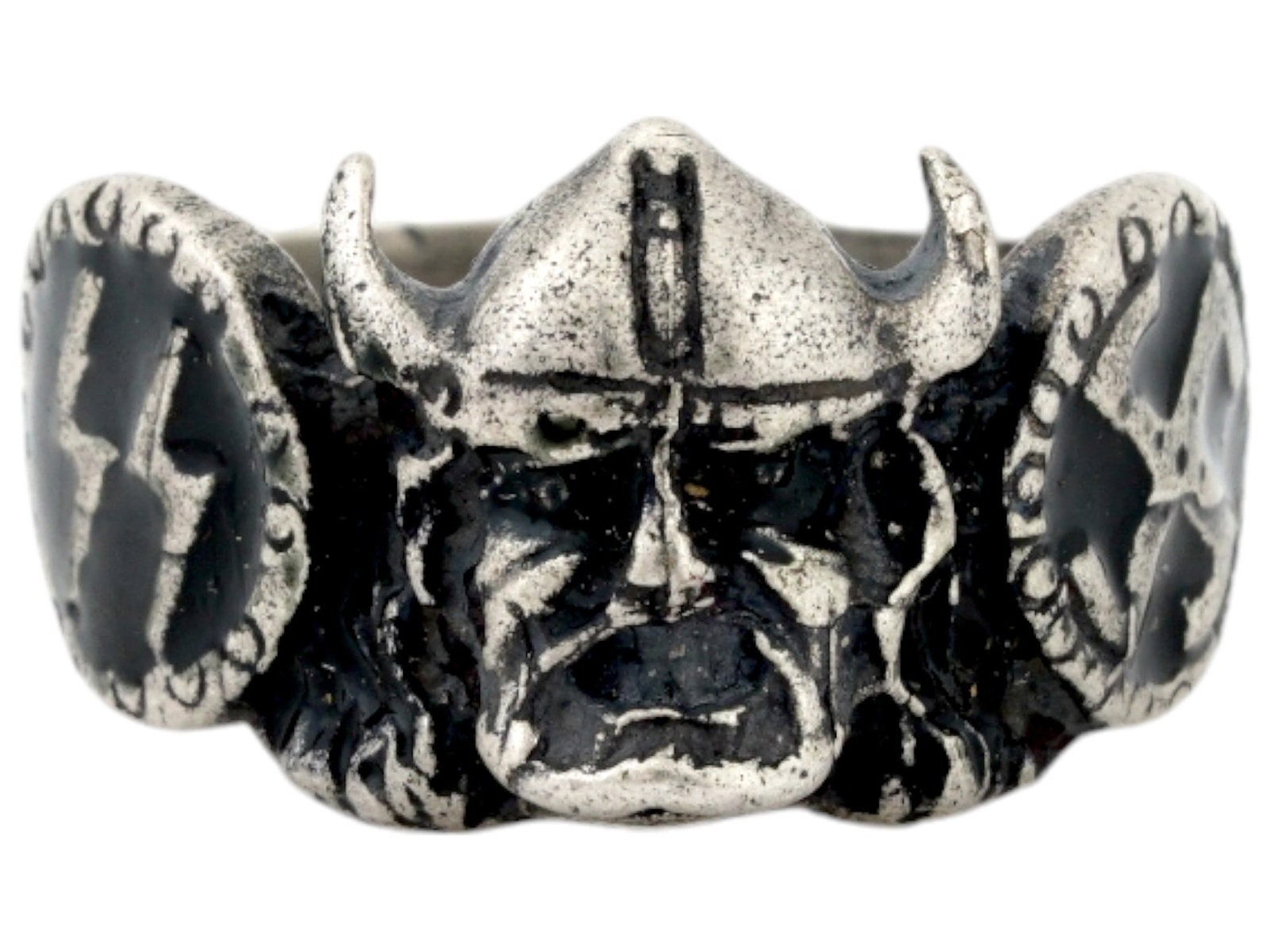 GERMAN WWII TYPE WAFFEN SS DIVISION WIKING SILVER RING: A WWII Nazi German Third Reich type Waffen SS Division Wiking Silver ring. The exterior of the ring is engraved and enameled with SS runes, swastika insignia patterns on the sides, and a relief image 