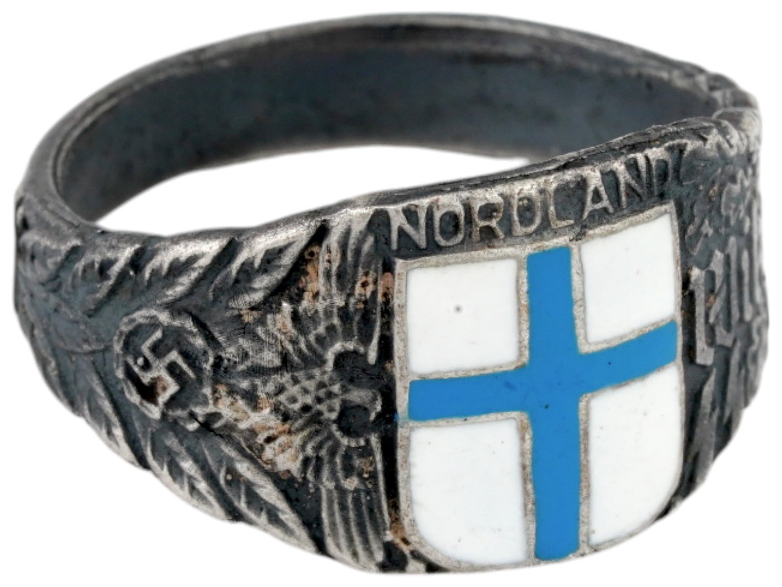 GERMAN WWII TYPE WAFFEN SS DIVISION WIKING SILVER RING: A WWII Nazi German type Waffen SS Division Wiking regiment Nordland enameled silver ring. The ring is covered with an enameled image of a cross in blue and white shades, and adorned with engraved foli