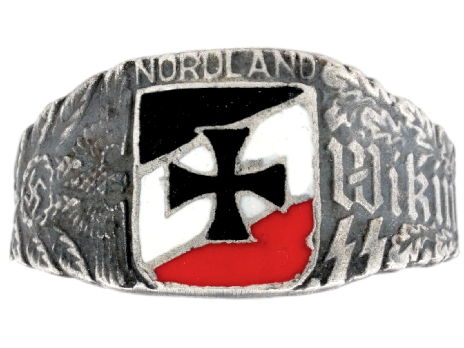 GERMAN WWII TYPE WAFFEN SS DIVISION WIKING SILVER RING: A WWII model Nazi German Waffen SS Panzer Division Wiking Nordland Regiment silver ring. At its center is an enamel black Iron Cross on the shield. Flanking the Iron Cross are two significant motifs: 