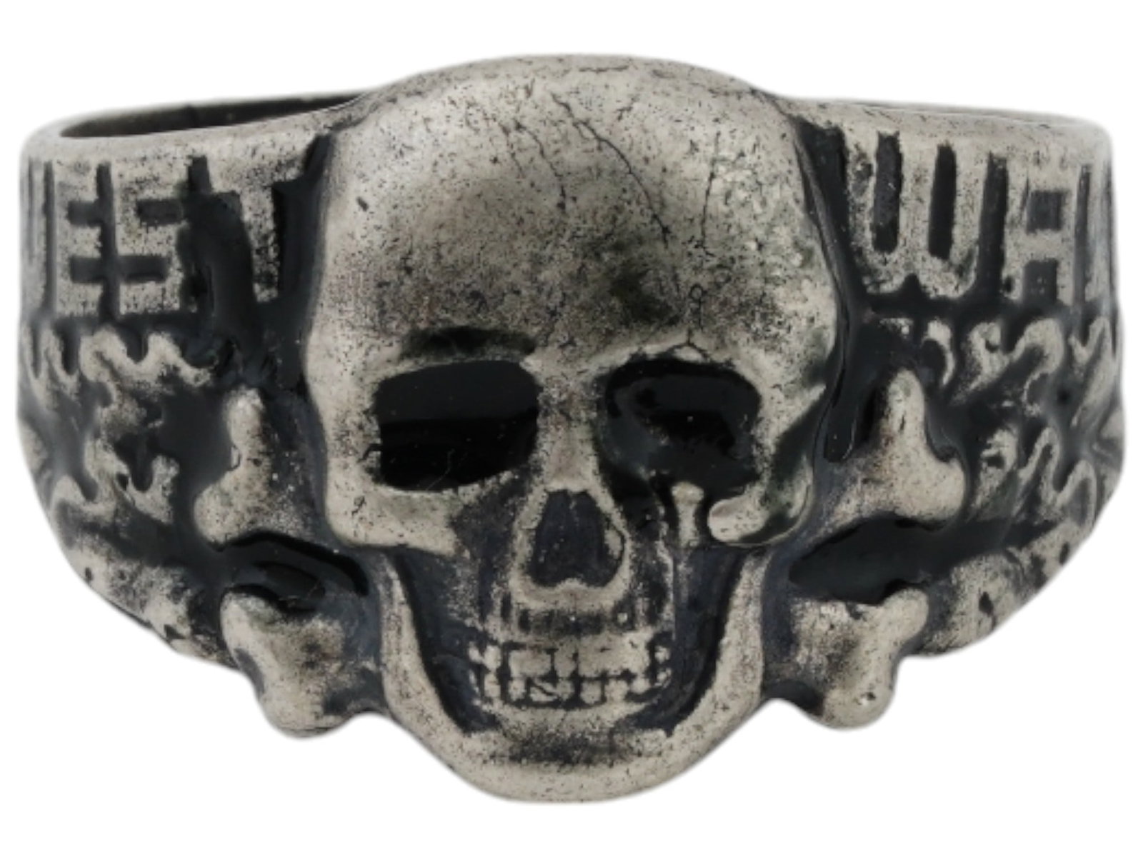 GERMAN WWII TYPE WAFFEN SS DIVISION WEST WALL SILVER RING: A WWII Nazi German Third Reich type Waffen SS Division West Wall Totenkopf Silver ring. The ring features a relief image of a Totenkopf skull in the center, oak leaves ornaments, inscribed, West Wall,