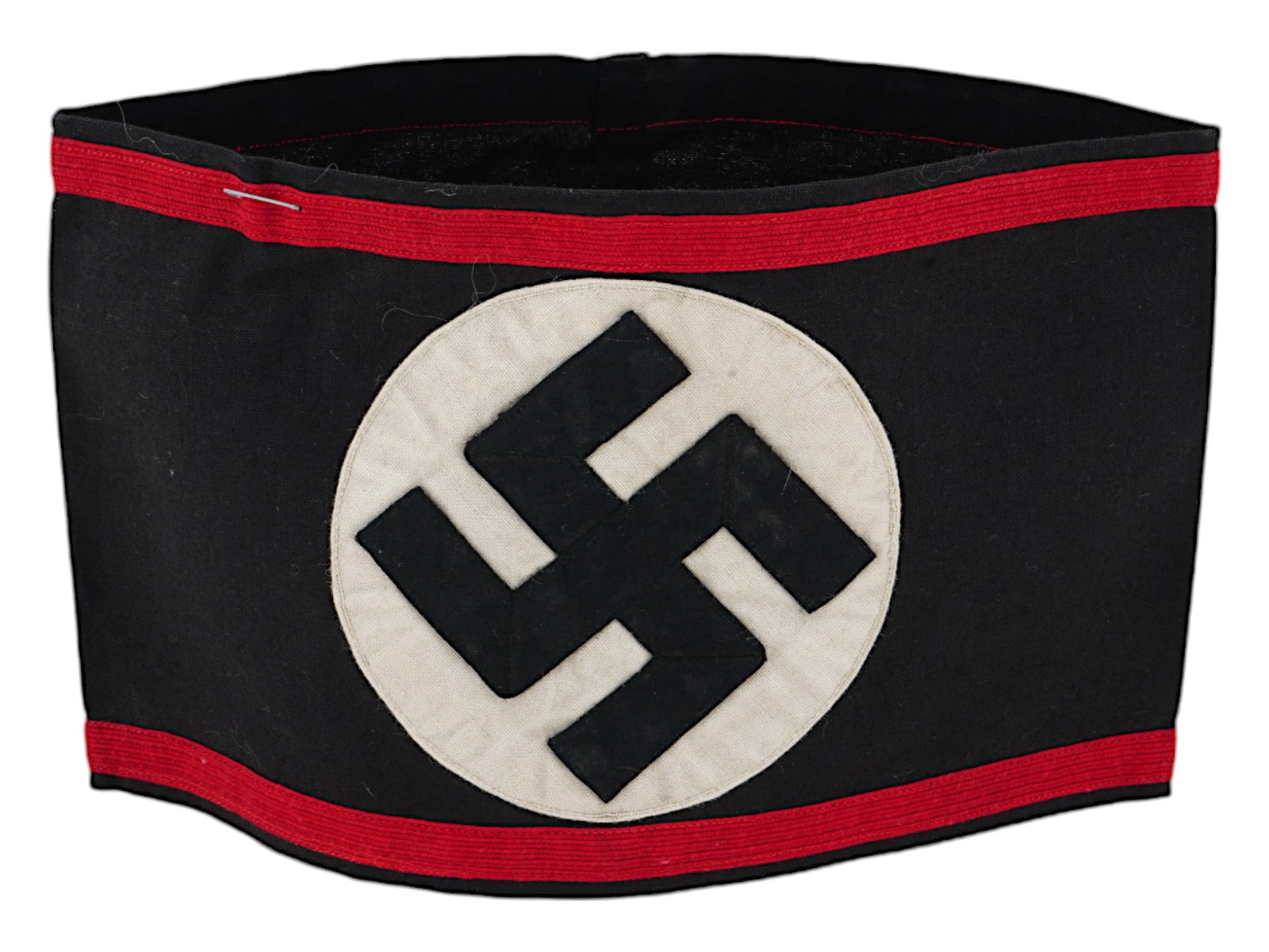 GERMAN WWII TYPE NSDAP LEADER REICHSTAG MEMBER ARMBAND: WWII Nazi German Third Reich type NSDAP high ranking leader Reichstag member armband. Features a black cotton based field. At its center lies a white circular field, featuring a canted, ribbed, black 
