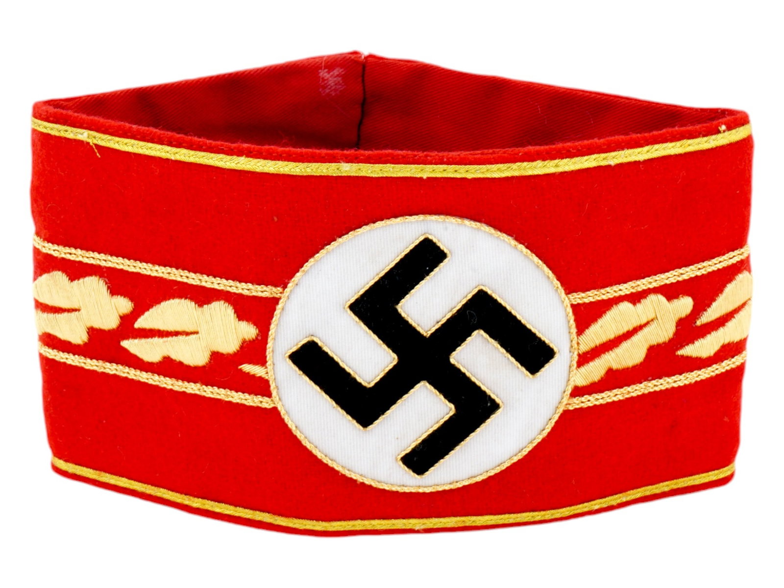 GERMAN WWII TYPE NSDAP GAULEITER REGIONAL LEVEL ARMBAND: A WWII type Nazi German Third Reich NSDAP Gauleiter Regional Level armband. Made of red felt with golden thread embroidery, features a Swastika emblem and an oak leaves pattern. Second World War Histo
