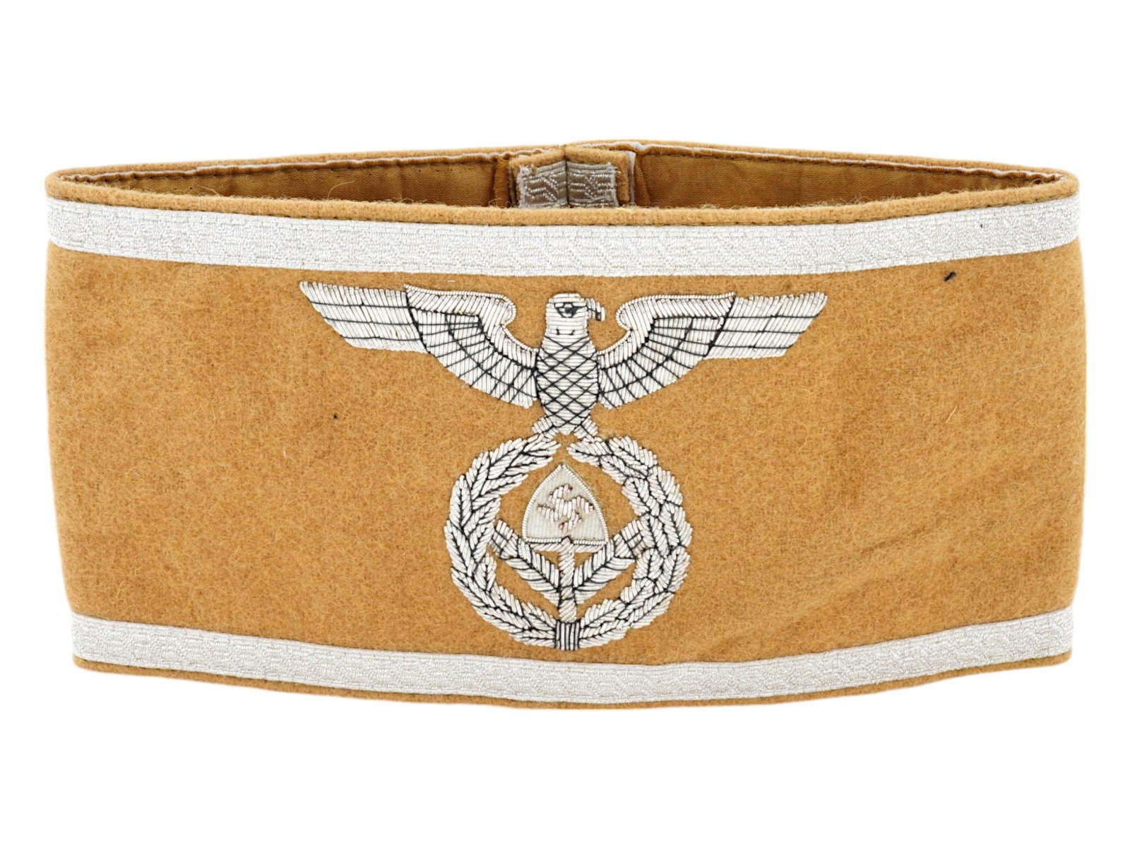 GERMAN WWII TYPE THIRD REICH TYPE RAD LEADER ARMBAND: A rare WWII type Nazi German Third Reich era RAD stuff leader armband. Constructed of brown cotton, trimmed at both the top and bottom with machine embroidered silver aluminum wire bands, the exterior