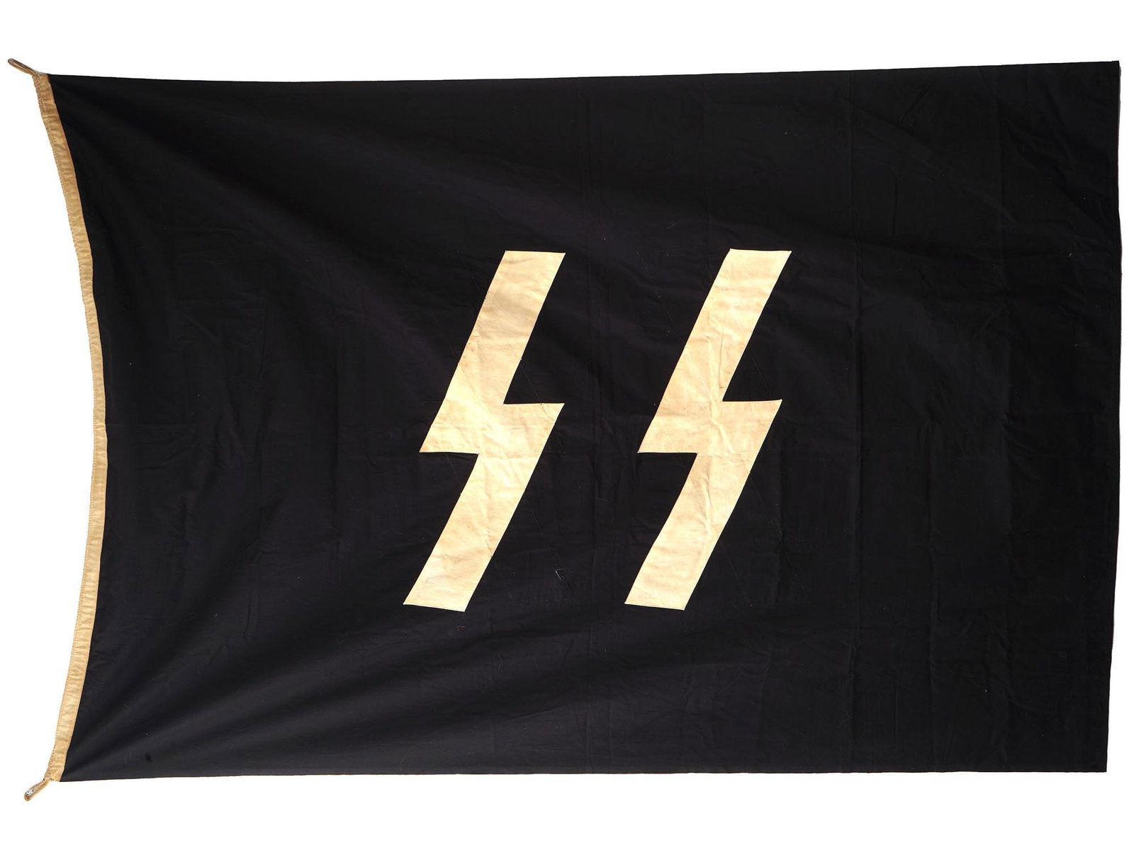 GERMAN WWII TYPE THIRD REICH SS BANNER FLAG: A WWII type Nazi German Third Reich SS banner flag with white SS runes on a black ground. Labeled with the RZM in a circle, SS, numbers 111 42 and Birkenau. Second World War Nazi German War Flags, Ban