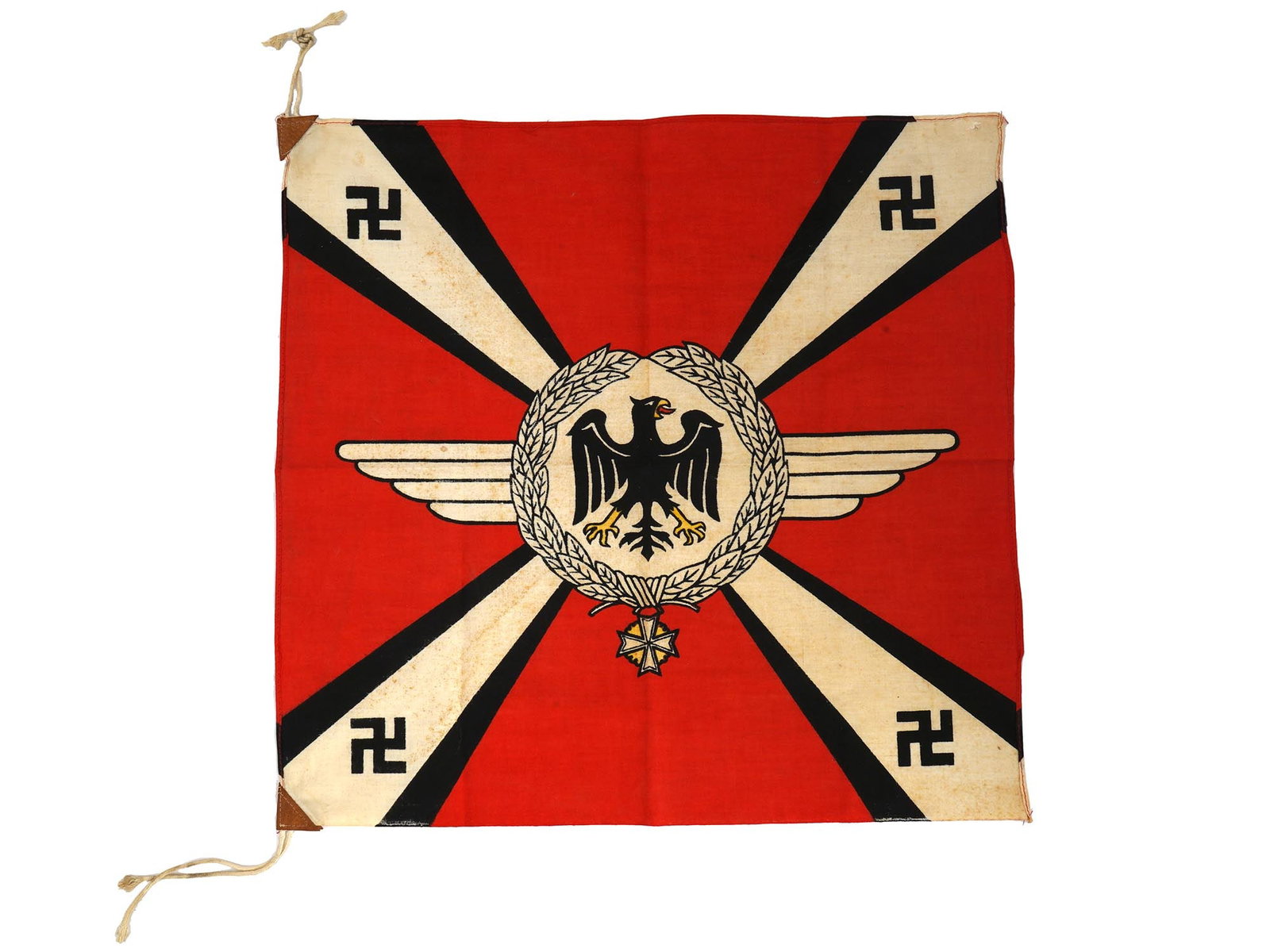 GERMAN WWII TYPE THIRD REICH MINISTER FOR AVIATION FLAG: A WWII type Nazi German Third Reich minister for aviation flag. A double sided red flag with a wreath of silver laurel leaves in the center. In the center of the wreath is a white field, in the center