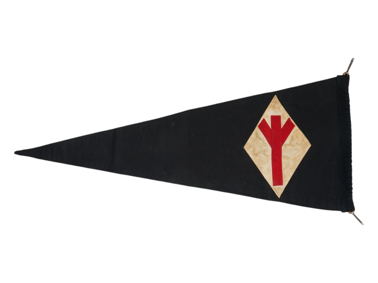 GERMAN WWII TYPE BDM JM PENNANT: A World War II type Nazi German BDM JM pennant flag. The pennant is made of black cotton fabric with sewn white and red swastika emblem featuring a rune means Life. BDM JM was the Nazi organization of