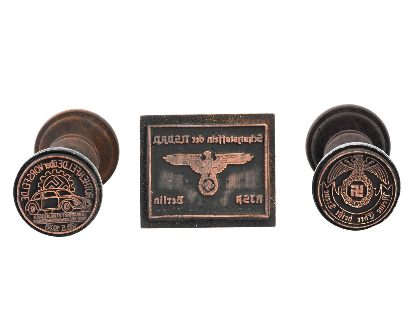 WWII TYPE GERMAN SS ADMINISTRATIVE HAND STAMPS: A lot of three World War II model wooden hand stamps of Nazi German administrations. Reichsadler with swastika and inscription Meine Ehre heisst Treue, My Honor is Loyalty. Schutzstaffeln der NSDAP, N