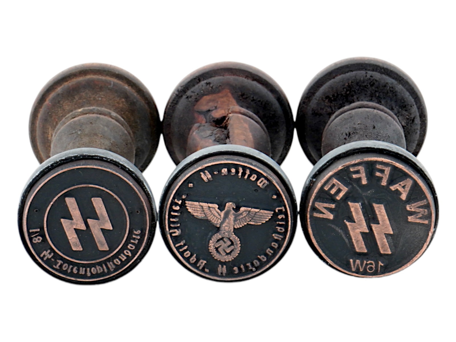 GROUP OF THREE GERMAN WWII TYPE WAFFEN SS HAND STAMPS: A group of three WWII model Nazi German wood and metal ink hand stamps including a Waffen SS runes 16W, 1 8 SS Totenkopf Standarte stamp, and a Waffen SS Leibstandard Adolf Hitler. Second World War Na