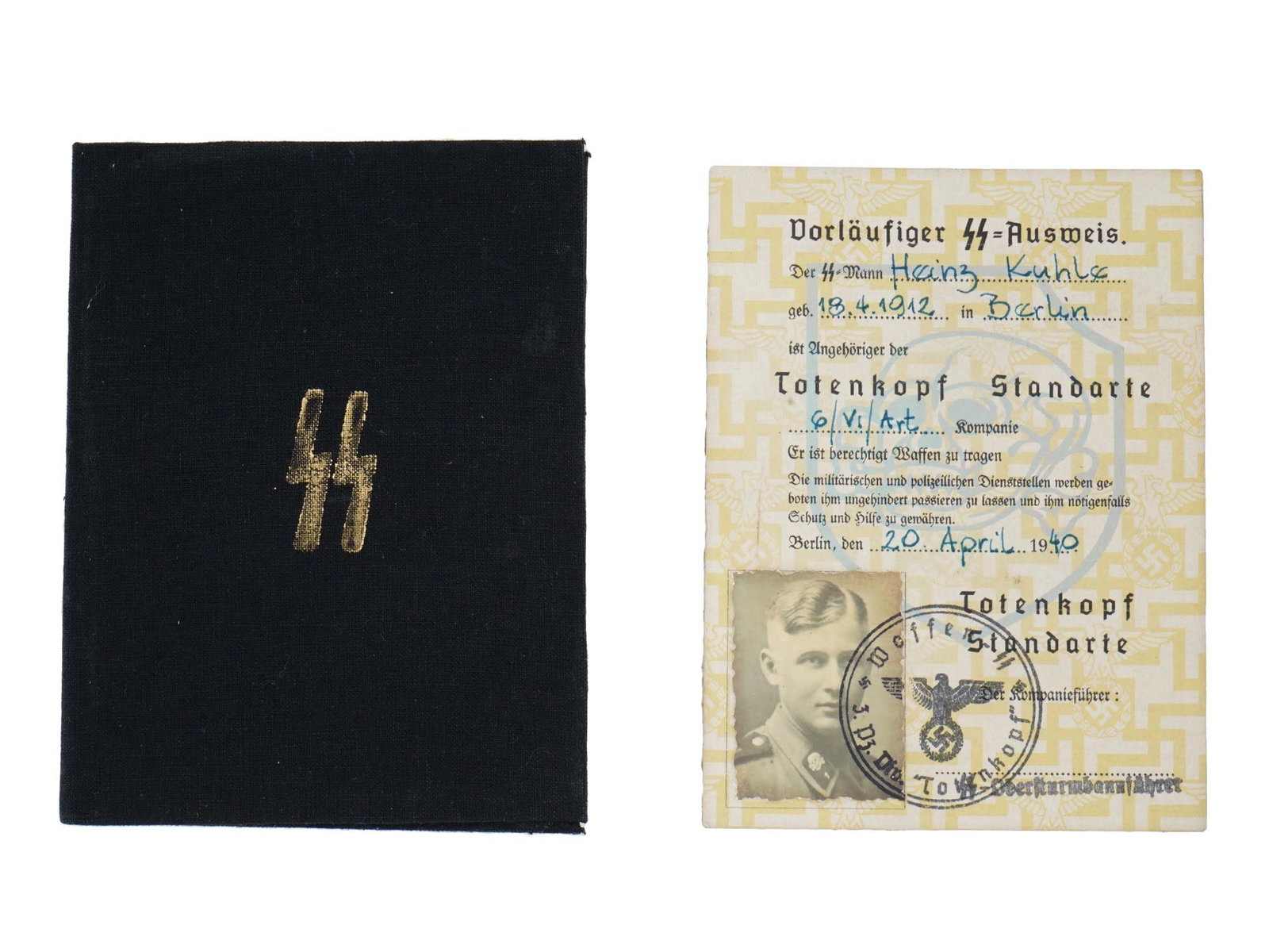 WWII NAZI GERMAN SS TOTENKOPF AND NSDAP ID CARDS: A pair of World War II era German military documents. First. Schutzstaffel der NSDAP Ausweis. Issued to Kurt Behm, 1939, with photograph, stamps, and signature. Second. SS Totenkopf Standarte Ausweis.