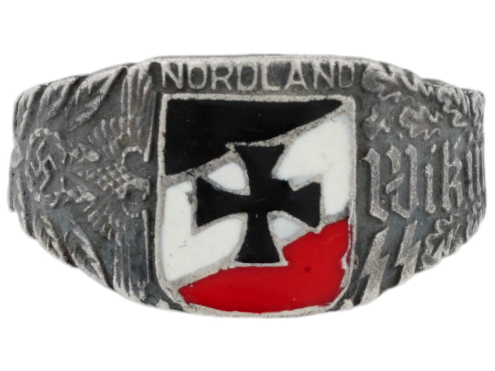 GERMAN WWII TYPE WAFFEN SS DIVISION WIKING SILVER RING: A WWII model Nazi German Waffen SS Panzer Division Wiking Nordland Regiment silver ring. At its center is an enamel black Iron Cross on the shield. Flanking the Iron Cross are two significant motifs: 