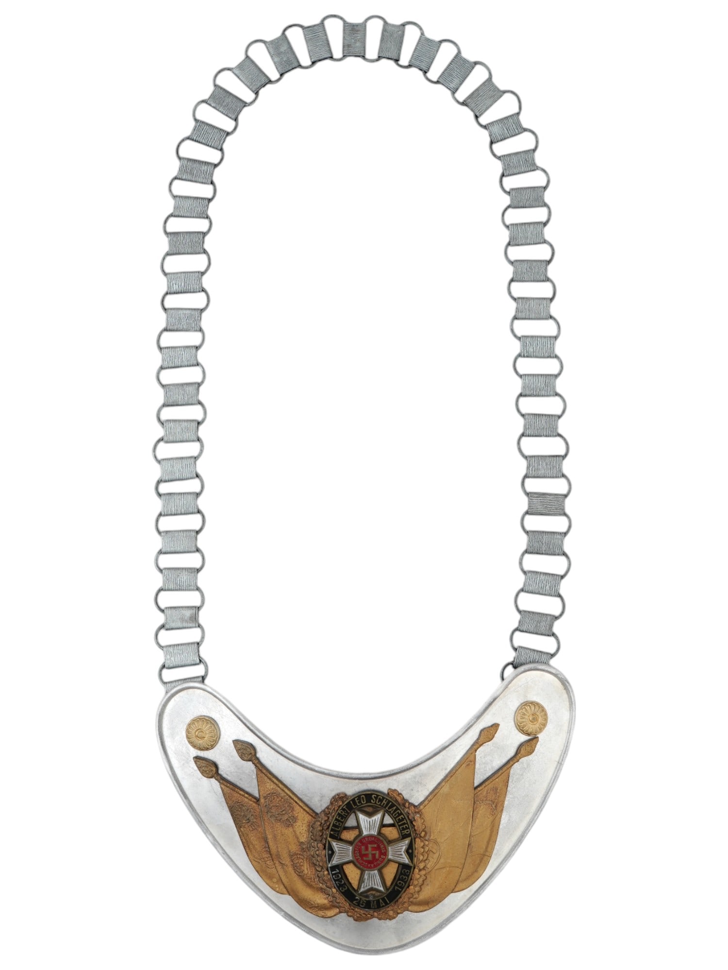 NAZI GERMAN REICHSKRIEGERBUND STANDARD BEARER GORGET: A Nazi German Third Reich Reichskriegerbund standard bearer gorget representing the National War Veterans Organization. Features gilt relief floral bosses in the top corners. At the center, an Iron Cr