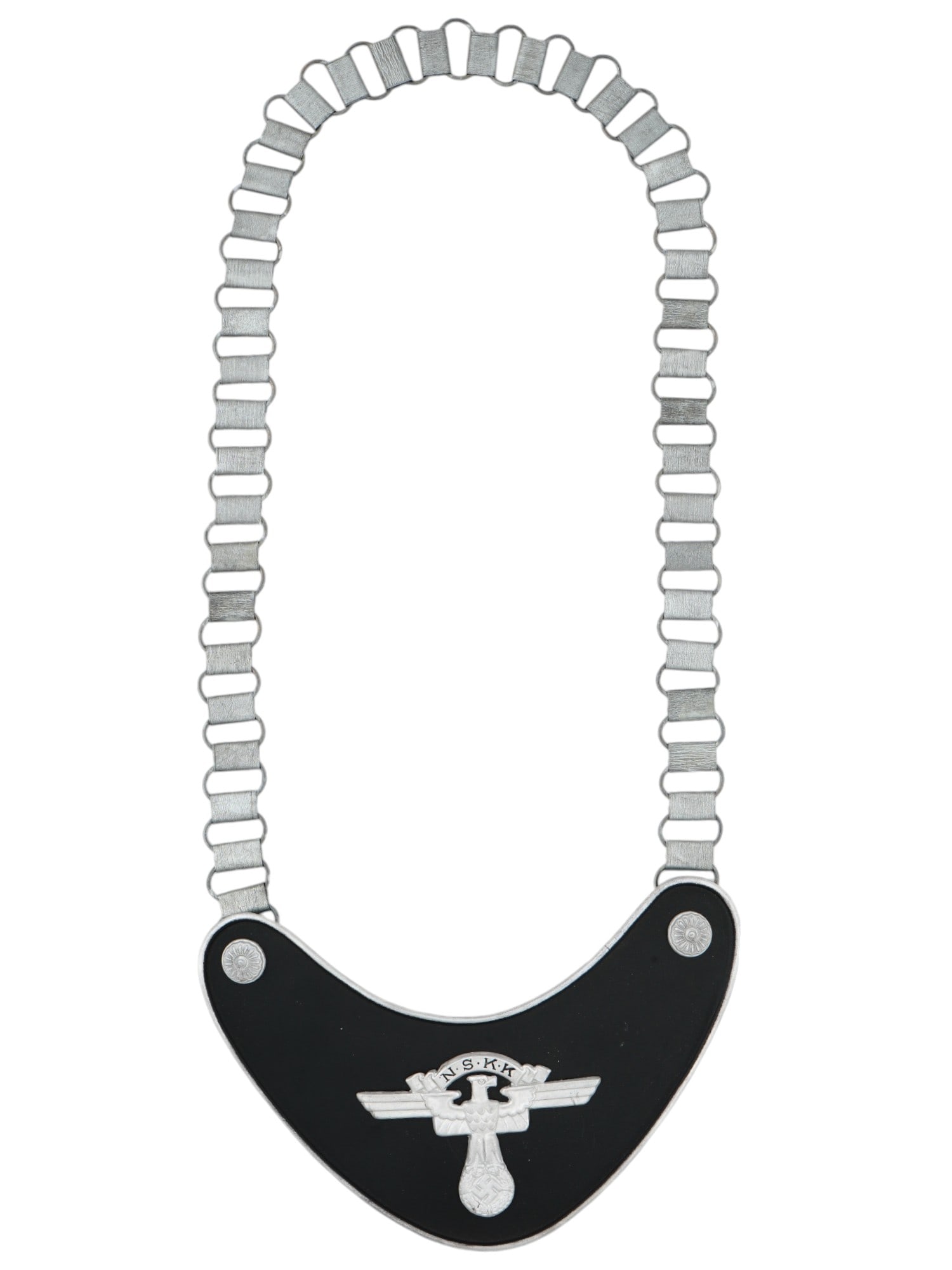 WWII NAZI GERMAN THIRD REICH NSKK GORGET WITH CHAIN: A WWII Nazi German Third Reich NSKK gorget. Features relief floral bosses in the top corners. At the center, the symbol of the National Socialist Motor Corps organization. Hallmarked. Complete with a