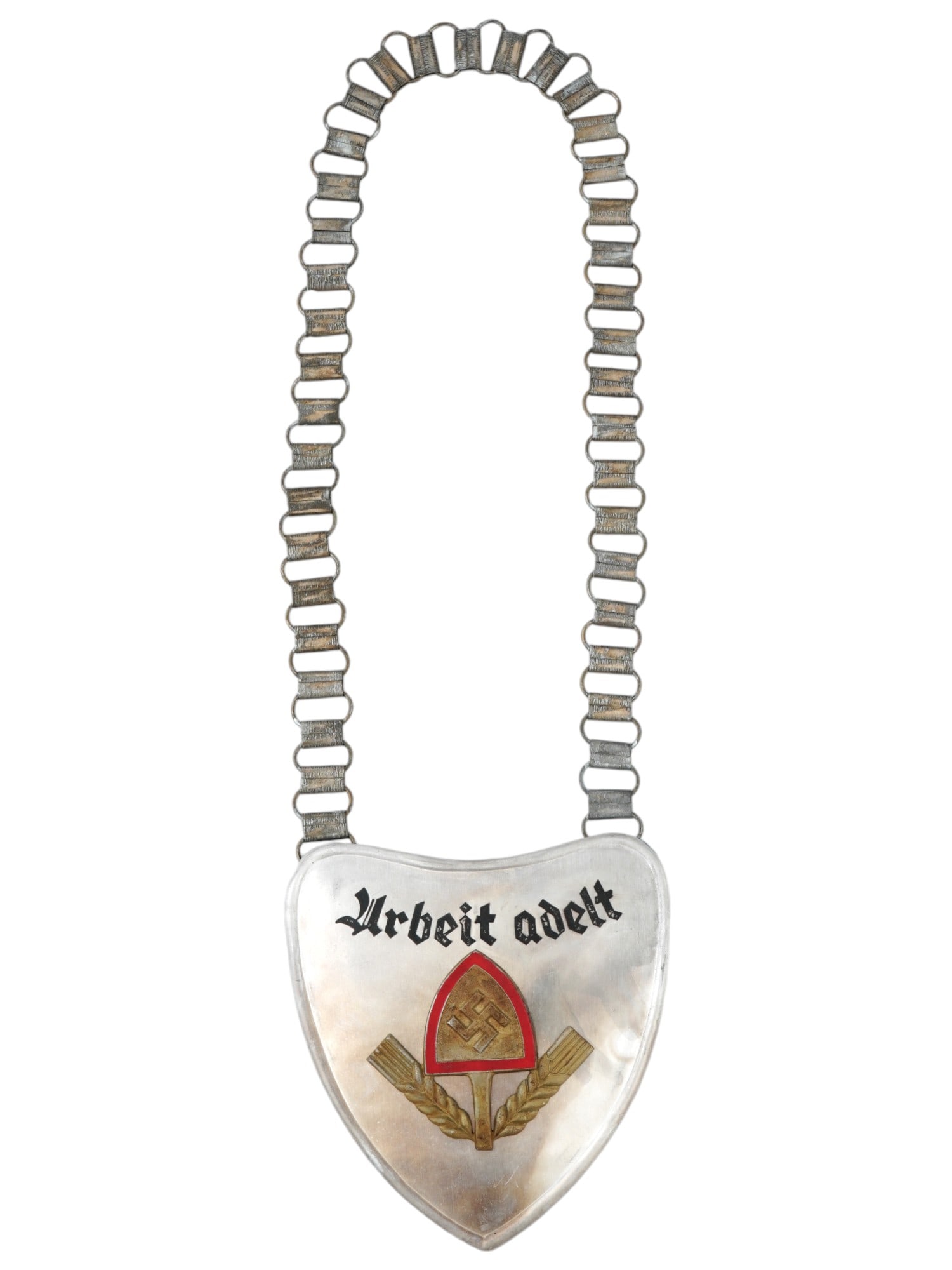 WWII NAZI GERMAN THIRD REICH RAD LABOR SERVICE GORGET: A WWII Nazi German Third Reich RAD Labour Service gorget. Features a RAD enameled wheat sheafs, and a shovel with the swastika to the center of the shovel insignia with the lettering in German, Arbeit