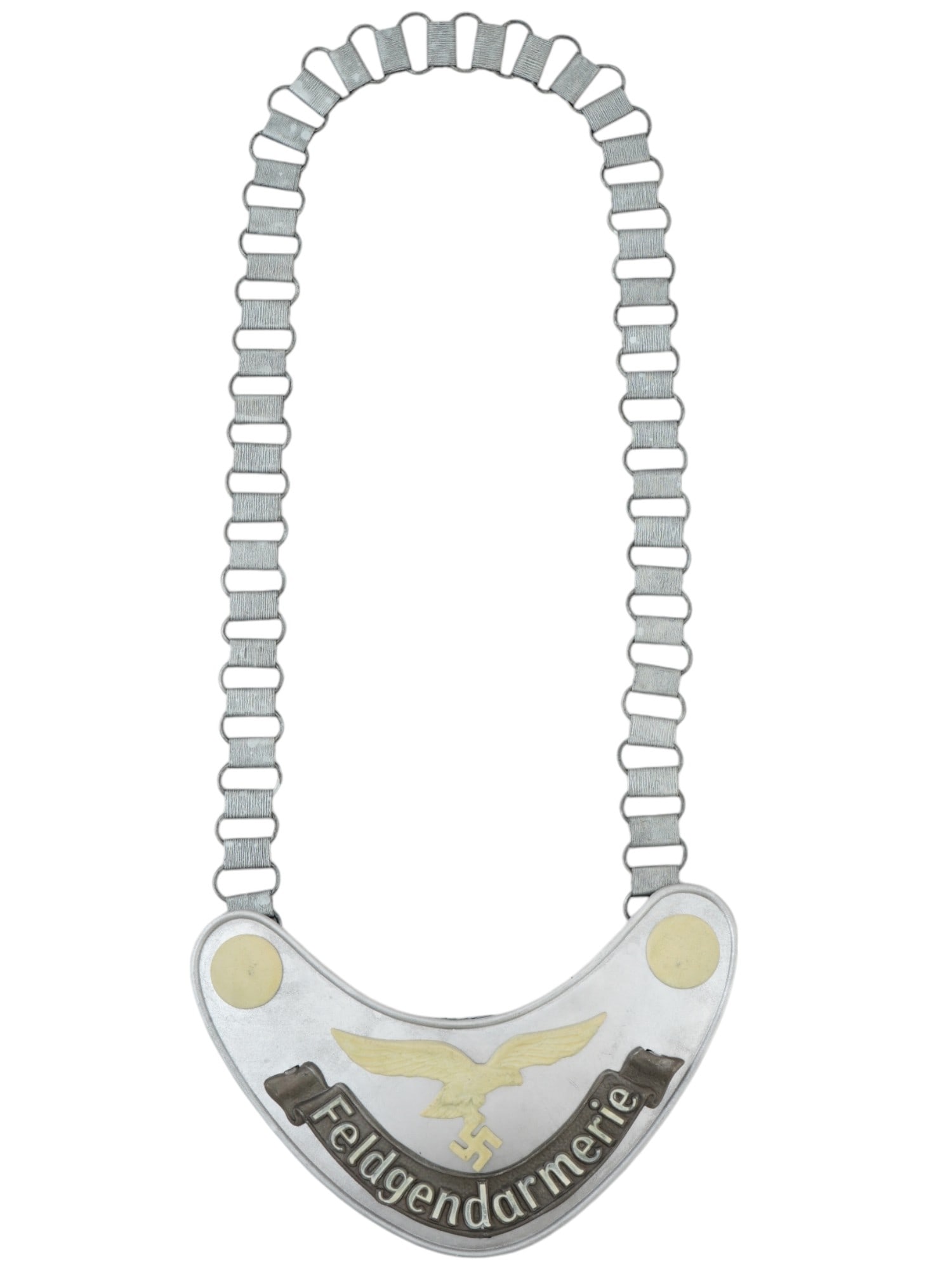 WWII NAZI GERMAN LUFTWAFFE FIELD ZHANDARM GORGET: A WWII Nazi German Luftwaffe Field Zhandarm gorget. The gorget is made of die stamped steel construction aluminum coated. The Luftwaffe eagle with a swastika and buttons are painted with radium paint.