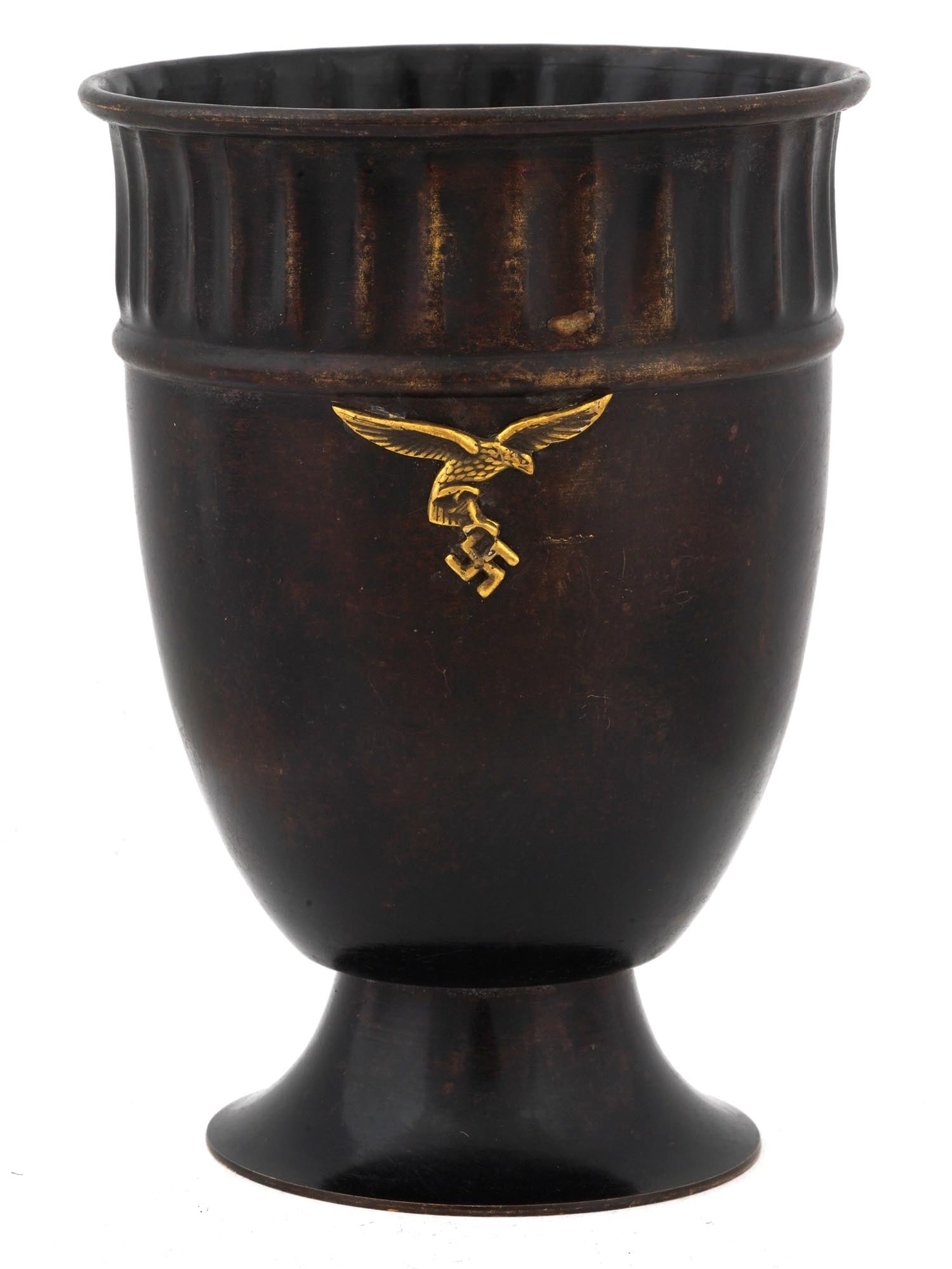 GERMAN WWII TYPE FOOTED GOBLET W LUFTWAFFE WEHRMACHT: A WWII type Nazi German footed goblet. The goblet is garnished with a gilt Luftwaffe Wehrmacht emblem. Decorated with ribbed design on the top. Second World War Historical Collectables And Memorabilia