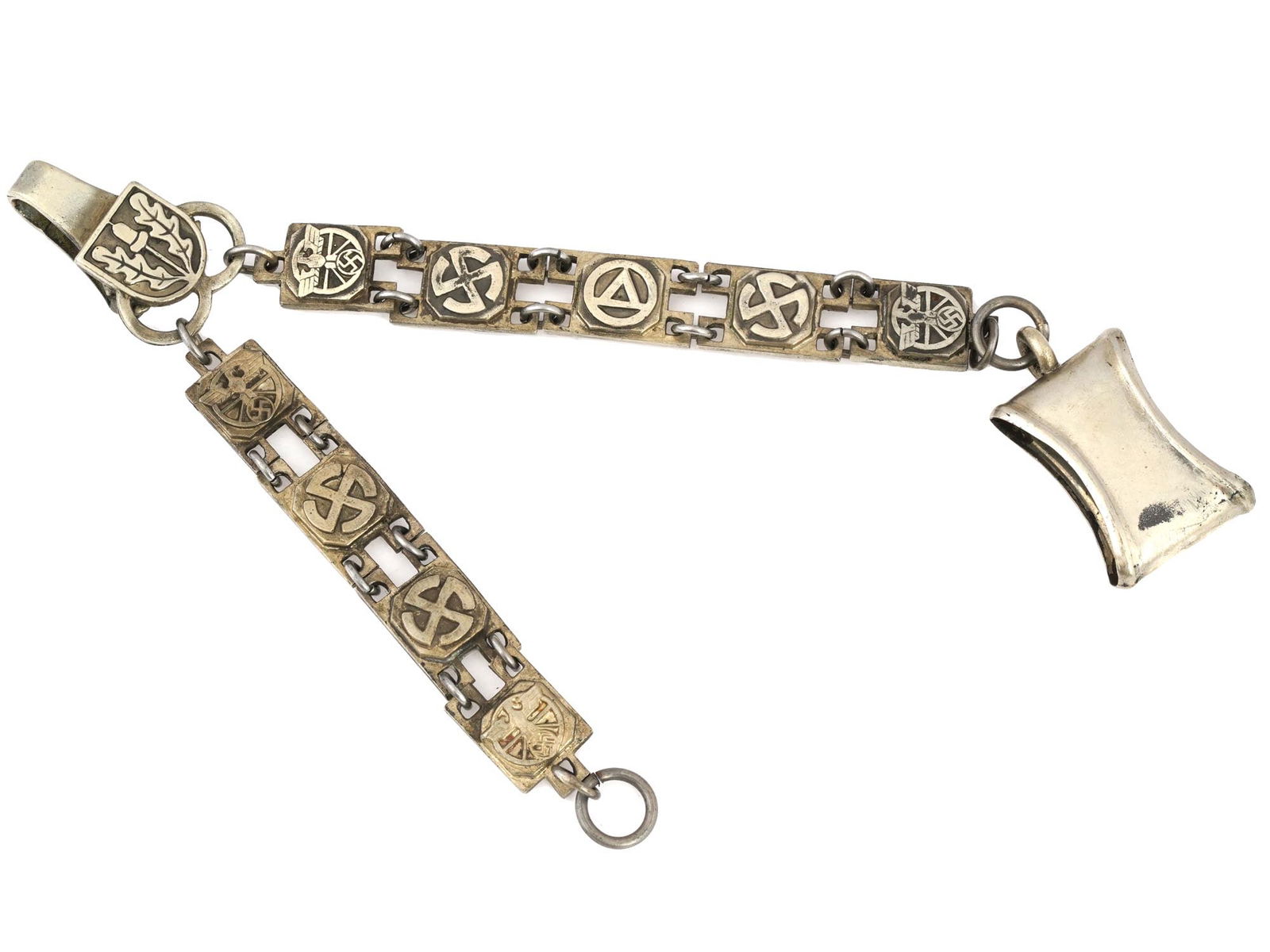 HANGER FOR THE GERMAN WWII TYPE NSKK DAGGER: A WWII type Nazi German Third Reich NSKK, or National Socialist Motor Corps, dagger hanger. The hanger is made in a link design. Each link is engraved with the runic symbols and the NSKK eagle swastik
