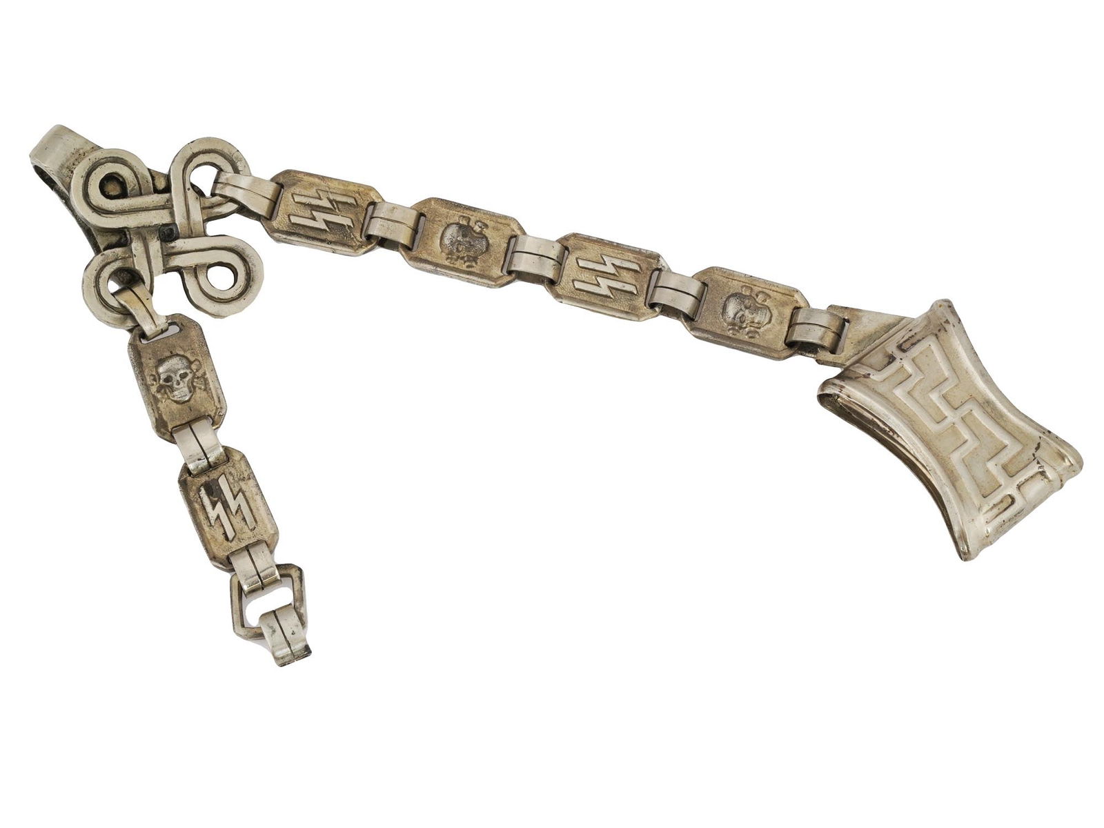 GERMAN WWII TYPE HANGER FOR THE SS DAGGER: A WWII type Nazi German Third Reich M 36 SS hanger. The hanger is made in a link design. Each link is engraved with the SS runic symbols or the Totenkopf skull swastika insignias. Marked, RZM and M5 6