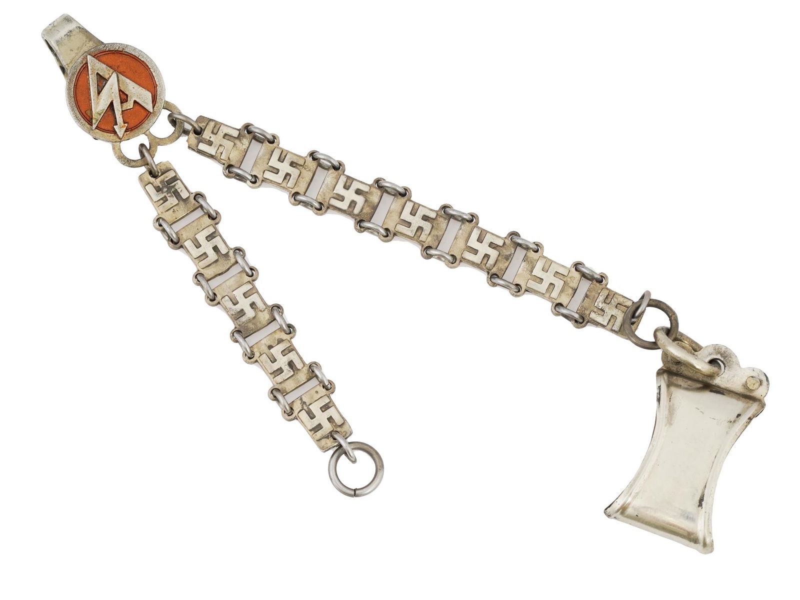 HANGER FOR GERMAN WWII MODEL SA DAGGER: A World War II model Nazi German metal link chain hanger for the SA dagger. Each link depicts a relief swastika. SA emblem on the suspension, covered with enamel in a red shade. Marked, RZM and M 5 6