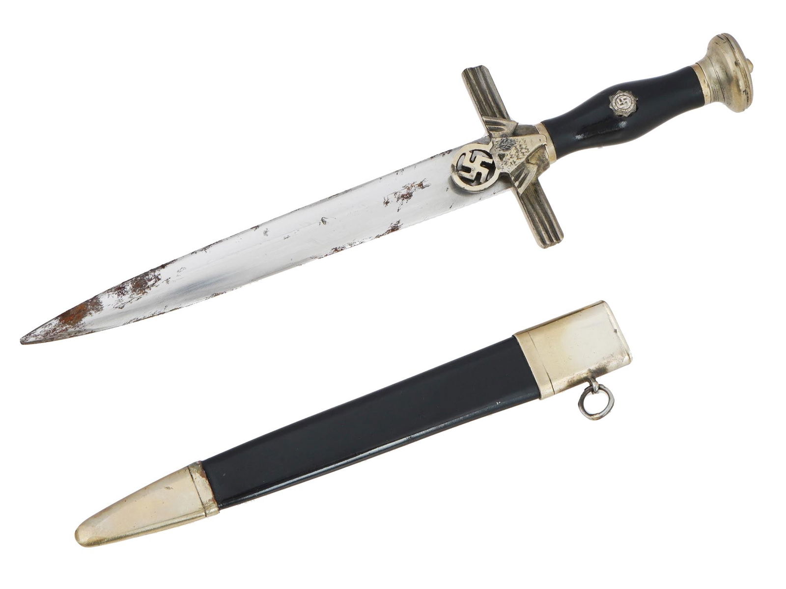 GERMAN WWII TYPE RLB MINIATURE DAGGER: A WWII type Nazi German RLB leaders miniature dagger featuring a stiletto manner blade with a high central ridge. The silver plated dual straight cross guard has three recessed horizontal lines to bot