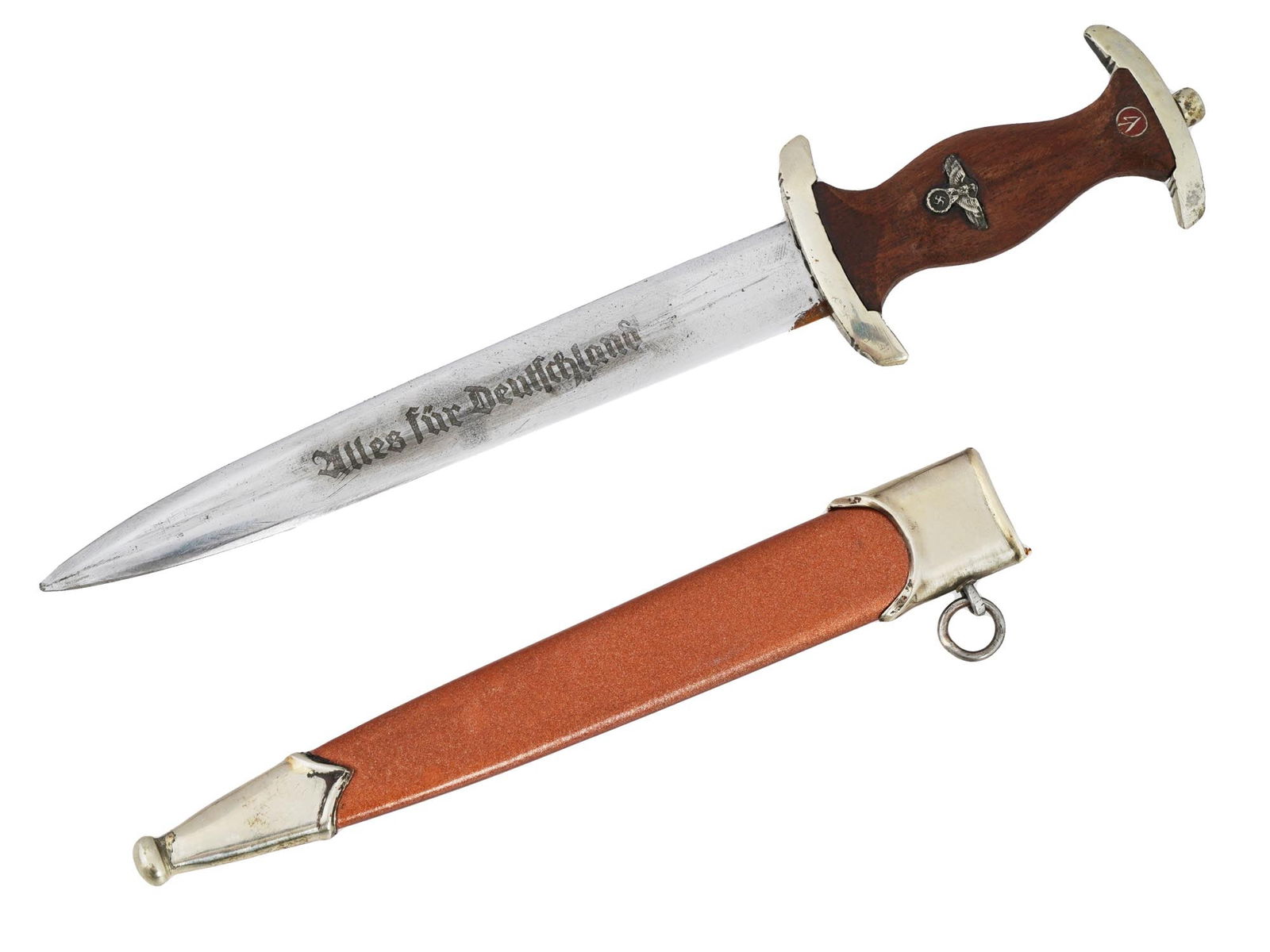 GERMAN WWII TYPE SA MINIATURE DAGGER: A miniature WWII type Nazi German Third Reich SA dagger with a double edged steel blade. The blade is engraved with a motto in German, Everything for Germany. The dagger features a fruitwood grip with
