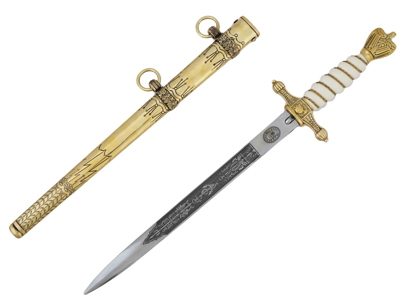 GERMAN WWII TYPE KRIEGSMARINE DAGGER WITH SCABBARD: A World War II type Nazi German naval officers dagger, Kriegsmarine Offizier Dolch. The double edge nickel plated steel blade, decorated with etched Marine ornaments. Hallmarked, E. Bonsmann Solingen,