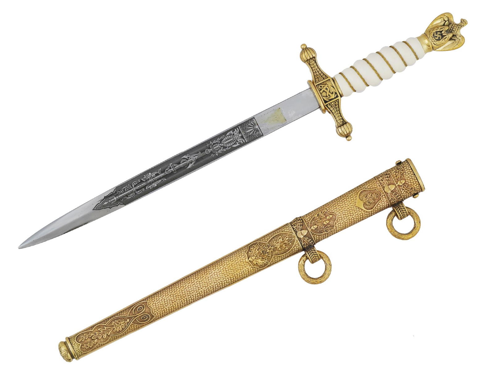 GERMAN WWII TYPE KRIEGSMARINE ADMIRALS DAGGER: A WWII type Nazi German Third Reich Kriegsmarine Admirals dagger. The grip is covered with white cellulose and decorated with a gilt brass wired bound. The figural pommel features a gilt brass eagle s