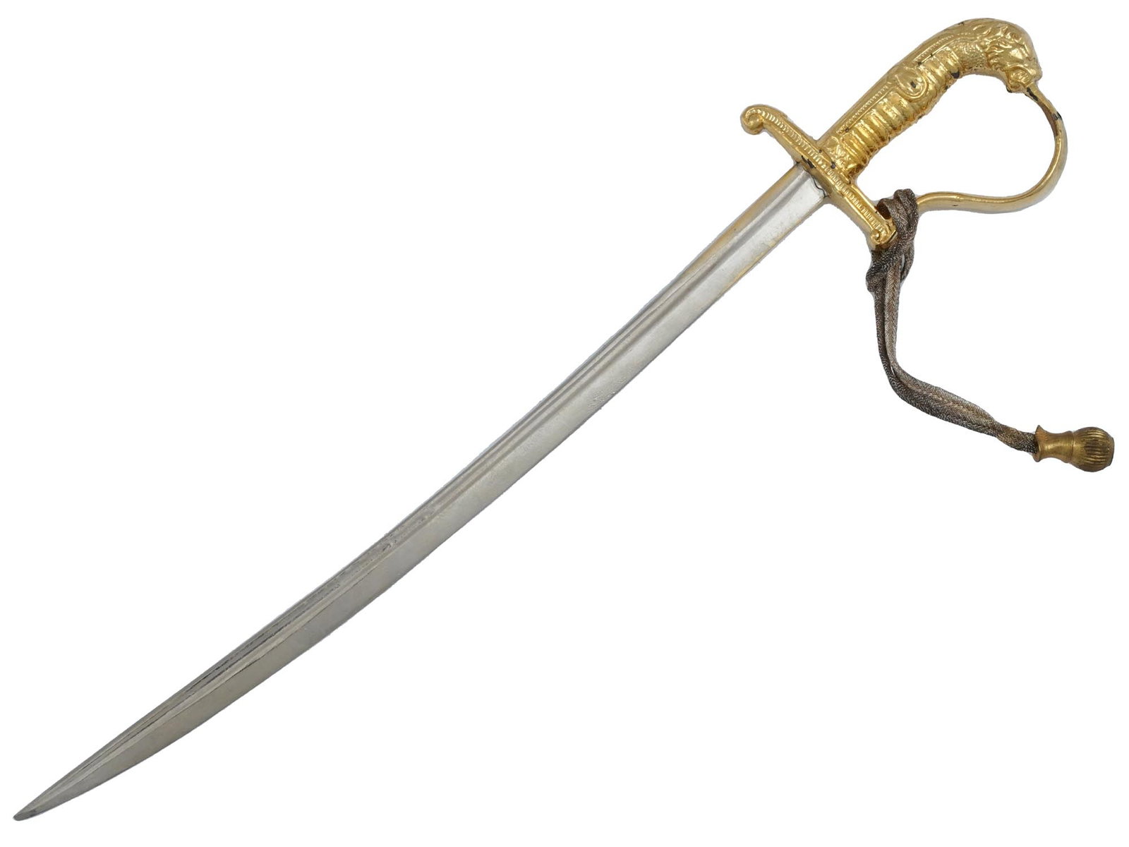 GERMAN WWII TYPE MINIATURE SWORD: A miniature Nazi German WWII type Army officer dress sword. A gilt brass tiger head pommel. engraved with an oak leaves pattern. A Silver and gold cord portapee. Unmarked. Second World War Historical 