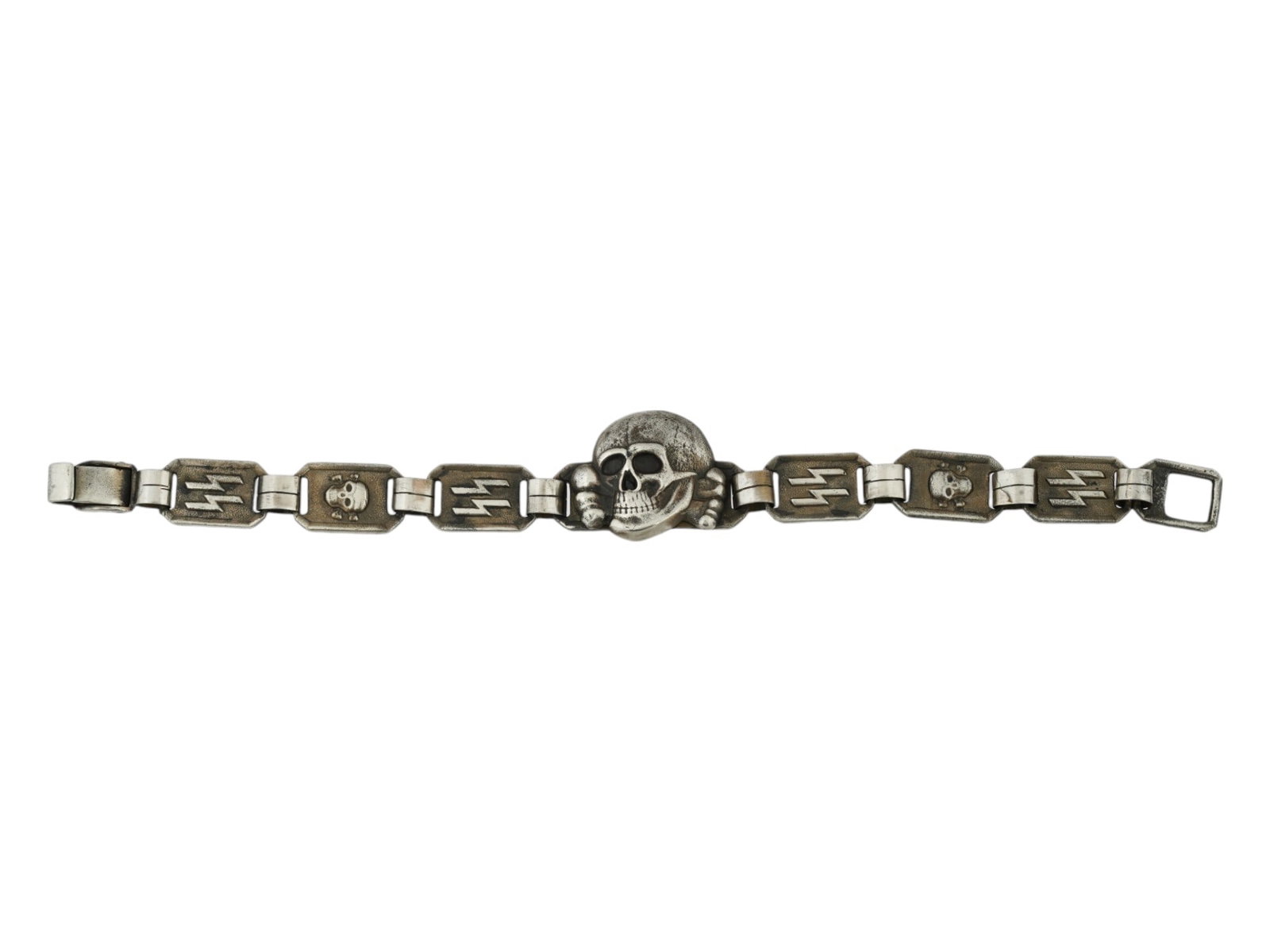 GERMAN WWII TYPE WAFFEN SS TOTENKOPF BRACELET: A World War II Nazi German type Waffen SS steel link bracelet. The links are decorated with relief SS runes and Totenkopf skulls. The central figural link represents the Totenkopf scull. Marked with i