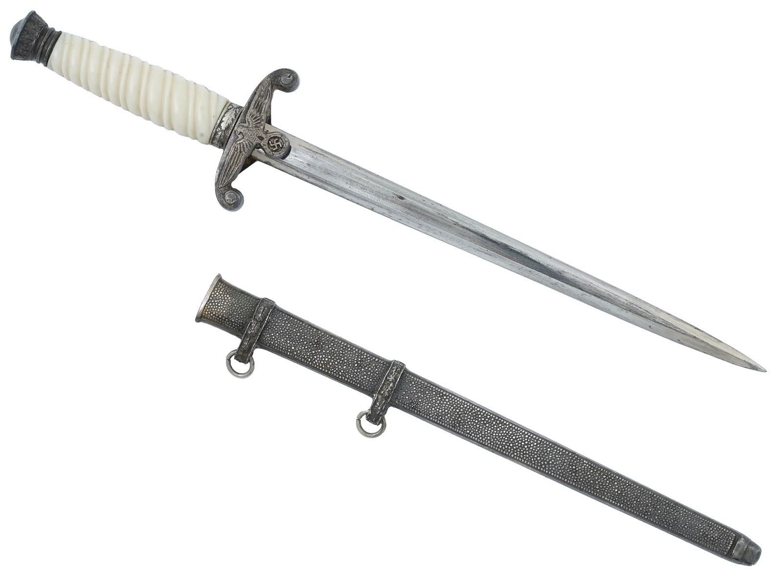 GERMAN WWII MODEL ARMY MINIATURE DAGGER: A miniature World War II Nazi German era model army officers dagger. Stainless steel blade. White celluloid grip, oak leaf fittings and Reichsadler crossguard. Matching scabbard with two suspension ri