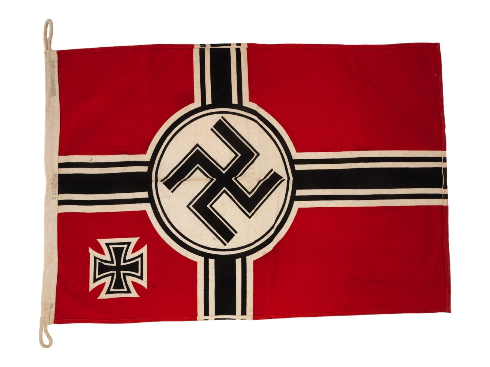 WWII NAZI MODEL GERMAN THIRD REICH BATTLE FLAG: A WWII model Nazi German Third Reich Battle Flag featuring the fusion of elements of the Nazi German Flag, such as a swastika and red background, with that of the old Imperial Reich War Flag with four