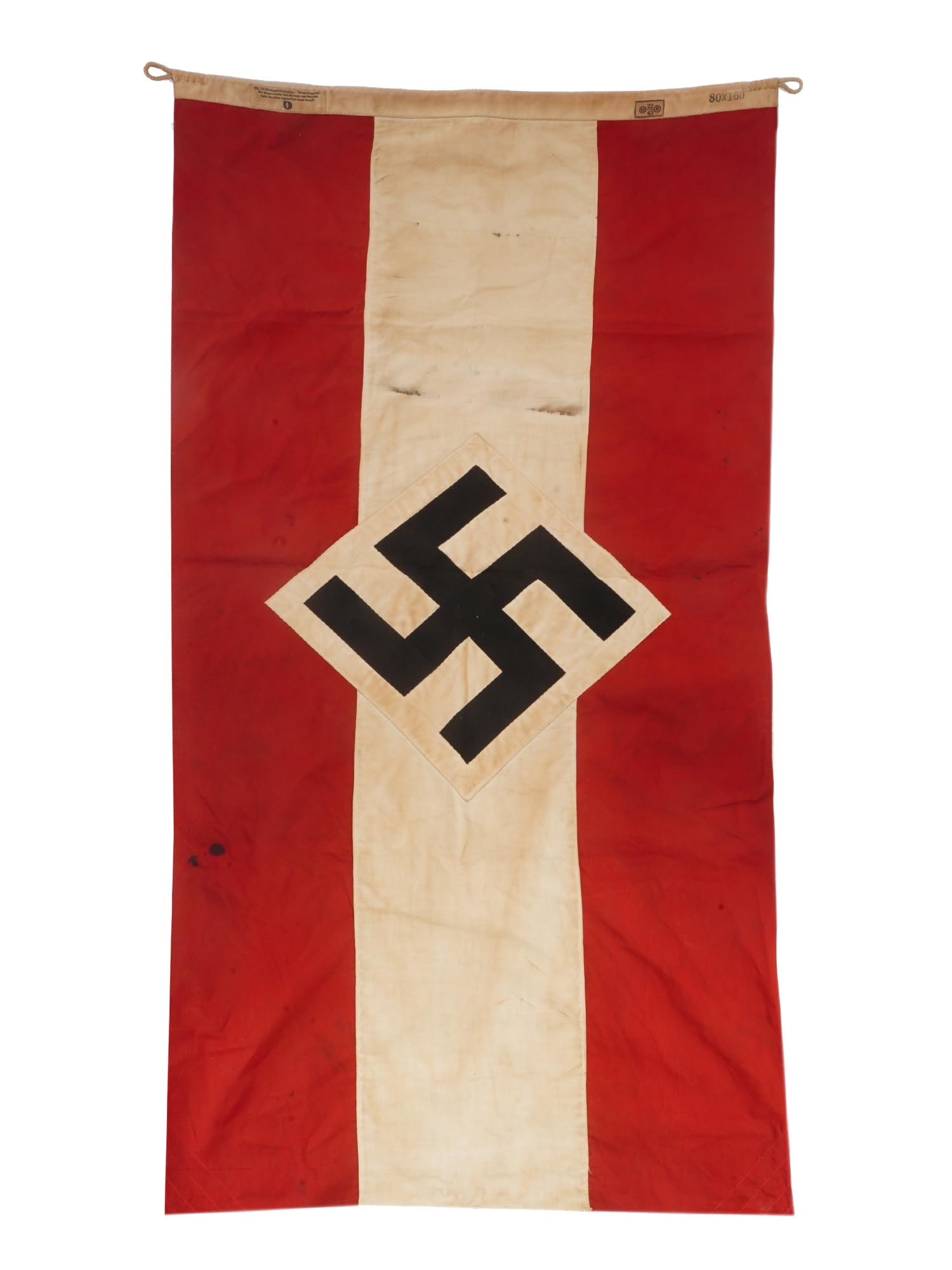 GERMAN WWII TYPE WAFFEN SS PANZER DIVISION BANNER: A WWII type Nazi German Waffen SS Panzer Division Hitler Jugend banner. Made of red, black, and white cotton banner with a swastika insignia in the center. Marked, RZM, 22 43 SS, and 80 x 160. Marked 