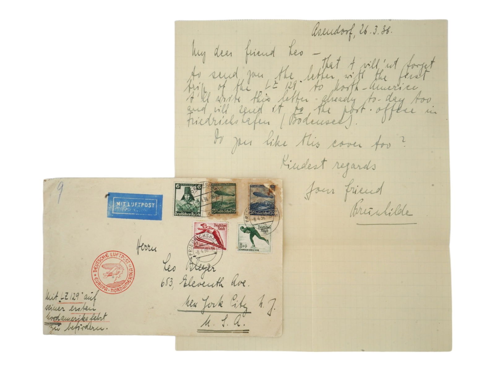 1936 GERMAN LETTER IN ENVELOPE VIA ZEPPELIN AIRMAIL (1 of 4)