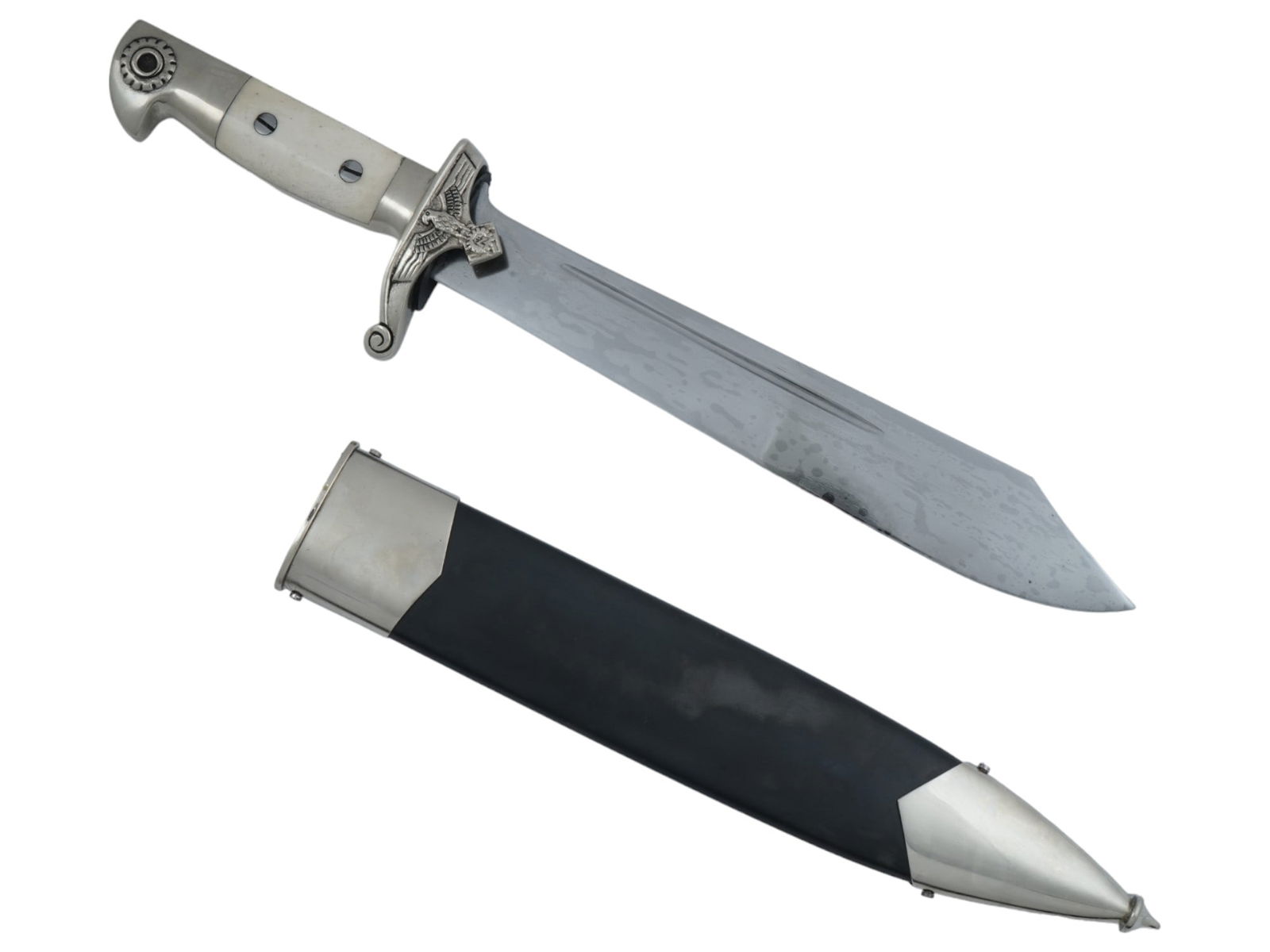 GERMAN WWII MODEL TENO DAGGER BY EICKHORN SOLINGEN: A World War II Nazi German era model TeNo enlisted mans hewer or dagger. The dagger features an off white wooden grip. Completed with a black leather scabbard. The scabbard fittings, pommel and crossg