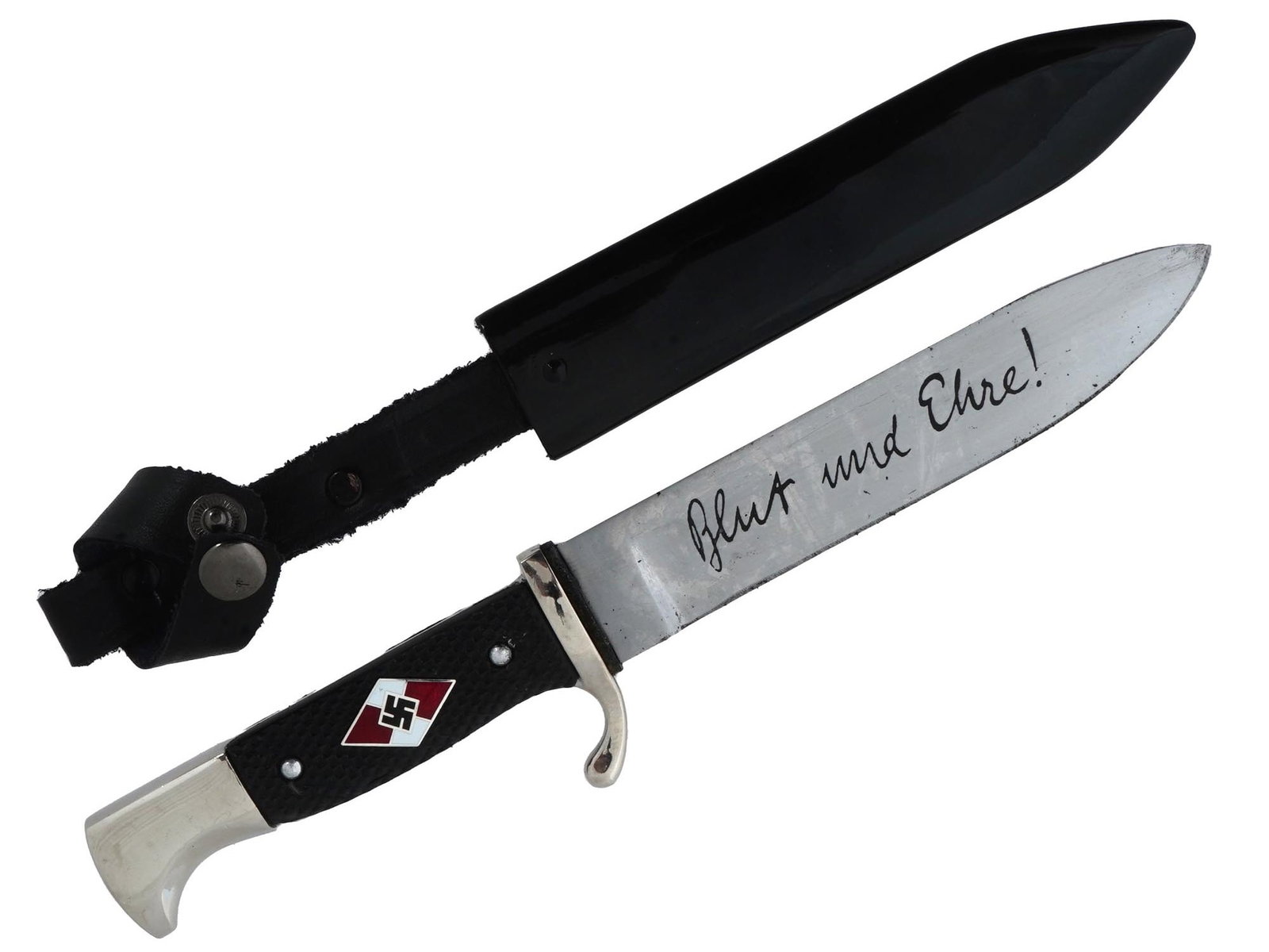 WWII TYPE NAZI GERMAN THIRD REICH HITLER JUGEND DAGGER: A WWII type German Third Reich Hitler Jugend dagger with a steel blade featuring an etched inscription that reads: Blut und Ehre, Blood and Honor. Marked on the blade: Anton Wingen Jr. Solingen. The s