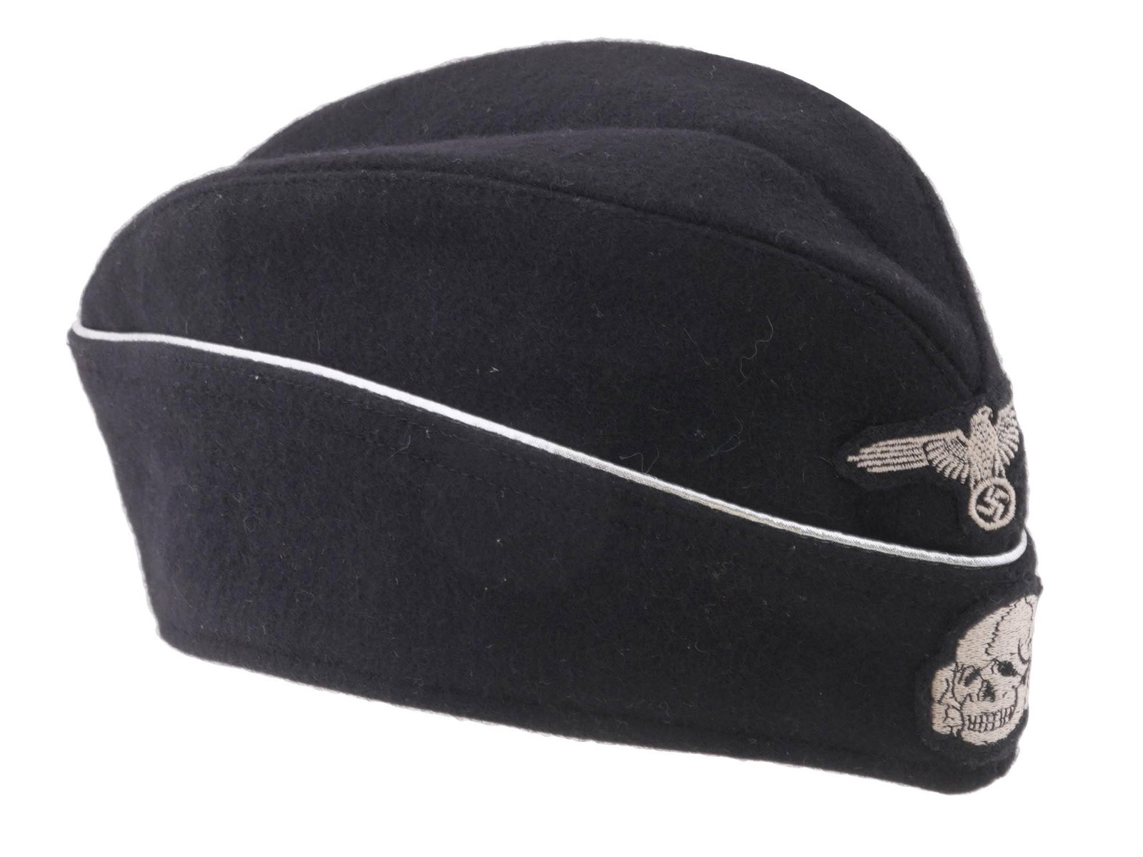 WWII TYPE NAZI GERMAN WAFFEN SS PANZER OFFICERS CAP: A WWII type Nazi German Waffen SS Panzer officers overseas cap. Made from a top-quality black tricot wool with a fine, smooth surface. The SS eagle and Totenkopf emblems are affixed to the front of th