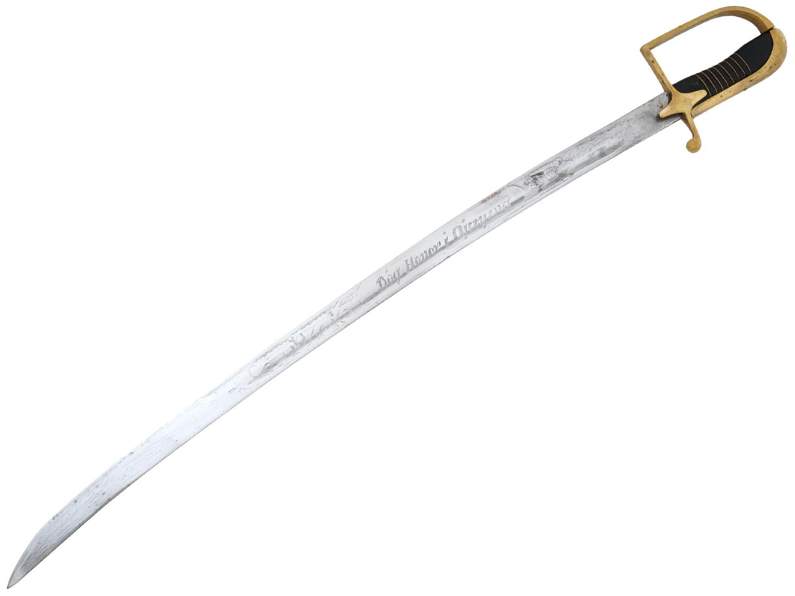 ANTIQUE POLISH CAVALRY OFFICERS SWORD WITH ETCHING: An antique 1920s Polish cavalry officers sword or sabre. Curved steel blade with etched floral decor and motto Bog Honor Ojczyzna, God Honor and Fatherland. Leather grip with twisted wire design, gilt