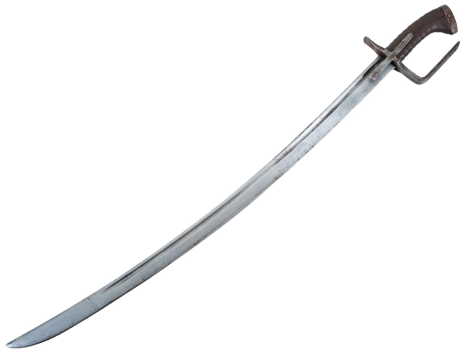 ANTIQUE POLISH CAVALRY SWORD WITH L GUARD: An antique Polish cavalry sword with an L shaped guard. Long, slighlty curved steel blade. Leather grip. Crossguard with an L shaped guard, a distinctive feature of Polish cavalry swords designed to p