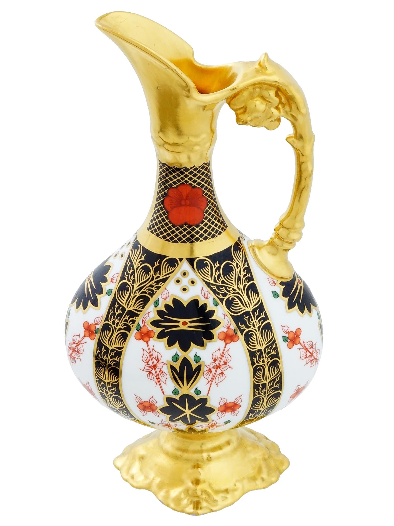 ROYAL CROWN DERBY IMARI PATTERN PORCELAIN EWER JUG: A traditional English porcelain ewer jug by Royal Crown Derby. The ware is adorned with an Imari pattern, a 200 year old pattern inspired by the port of Imari on a tiny Japanese island. The jug is han