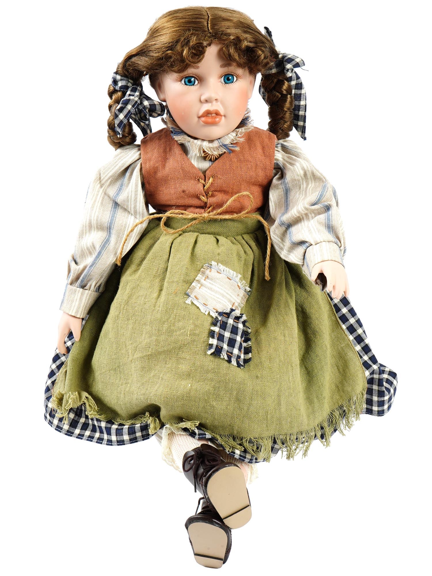 VINTAGE LTD MORNING PORCELAIN GIRL DOLL: A vintage limited edition Morning porcelain girl doll 8/2500. The well quality doll wearing a linen apron and vest over a cotton plaid skirt and striped shirt. Brown shoes on feet. The hair is styled 