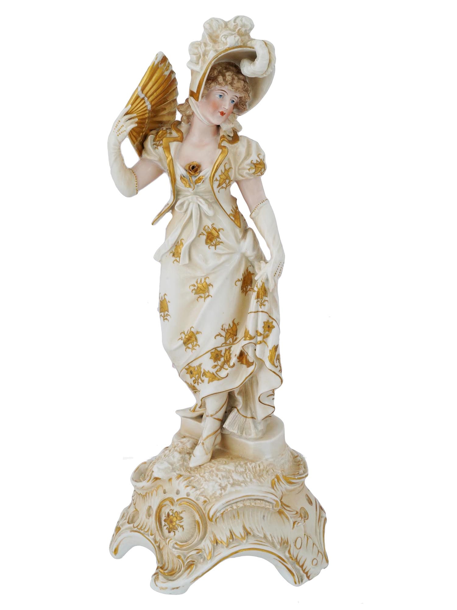 ANTIQUE GERMAN SITZENDORF PORCELAIN FEMALE FIGURE: An antique 19th-century hand-painted porcelain figurine by Sitzendorf, a German manufacture that functioned in the period since 1849 until 1953. Rococo style figure representing a woman in plumed hat 