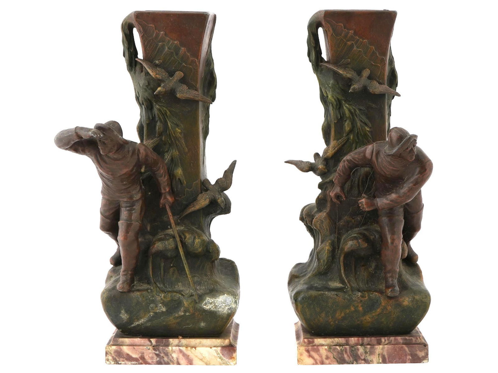 ANTIQUE MANTEL SET FISHERMEN VASES ON MARBLE BASES (1 of 8)