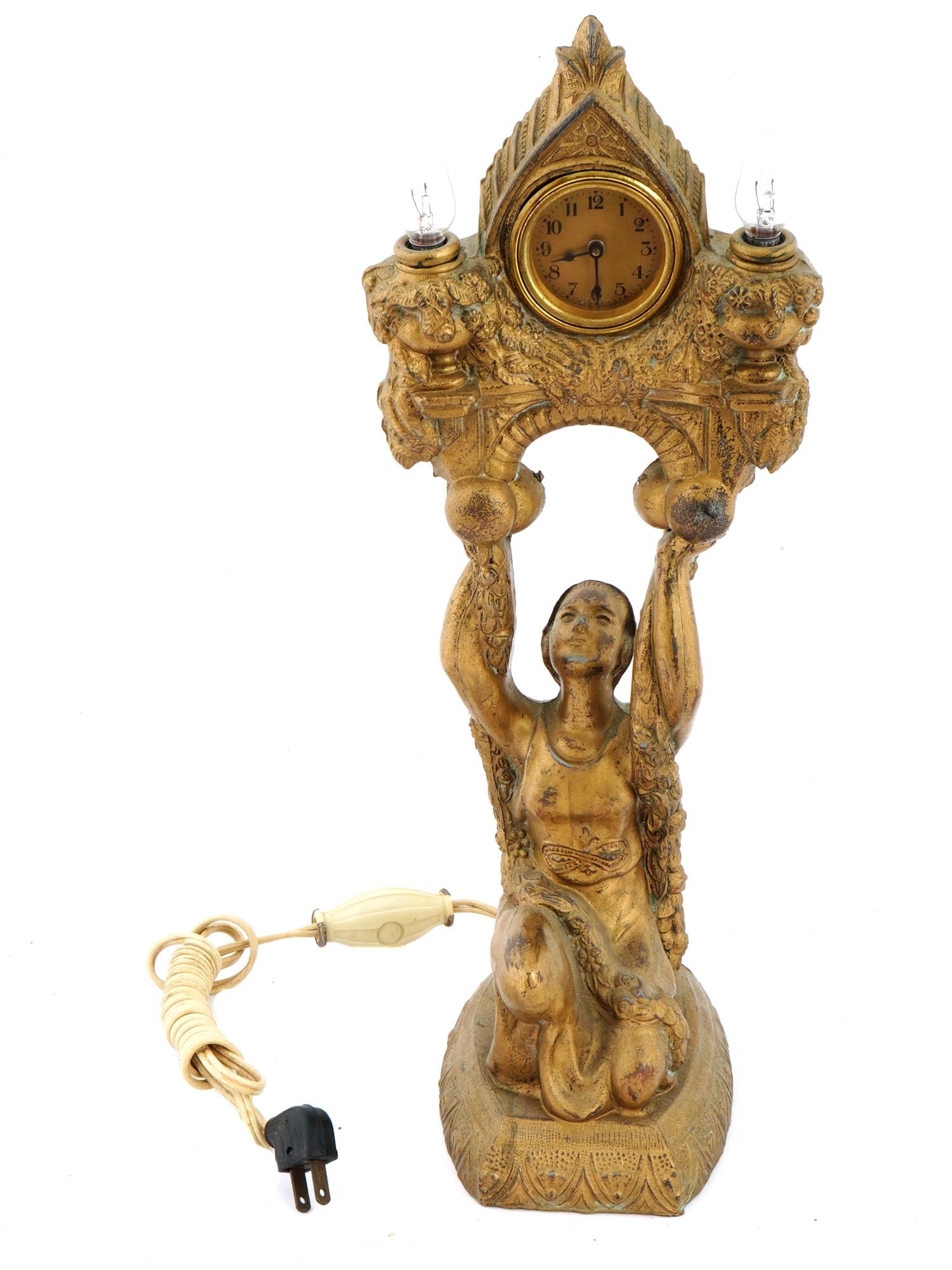 VINTAGE SCULPTURAL 1 DAY MANTLE CLOCK  W 2 LAMPS (1 of 7)