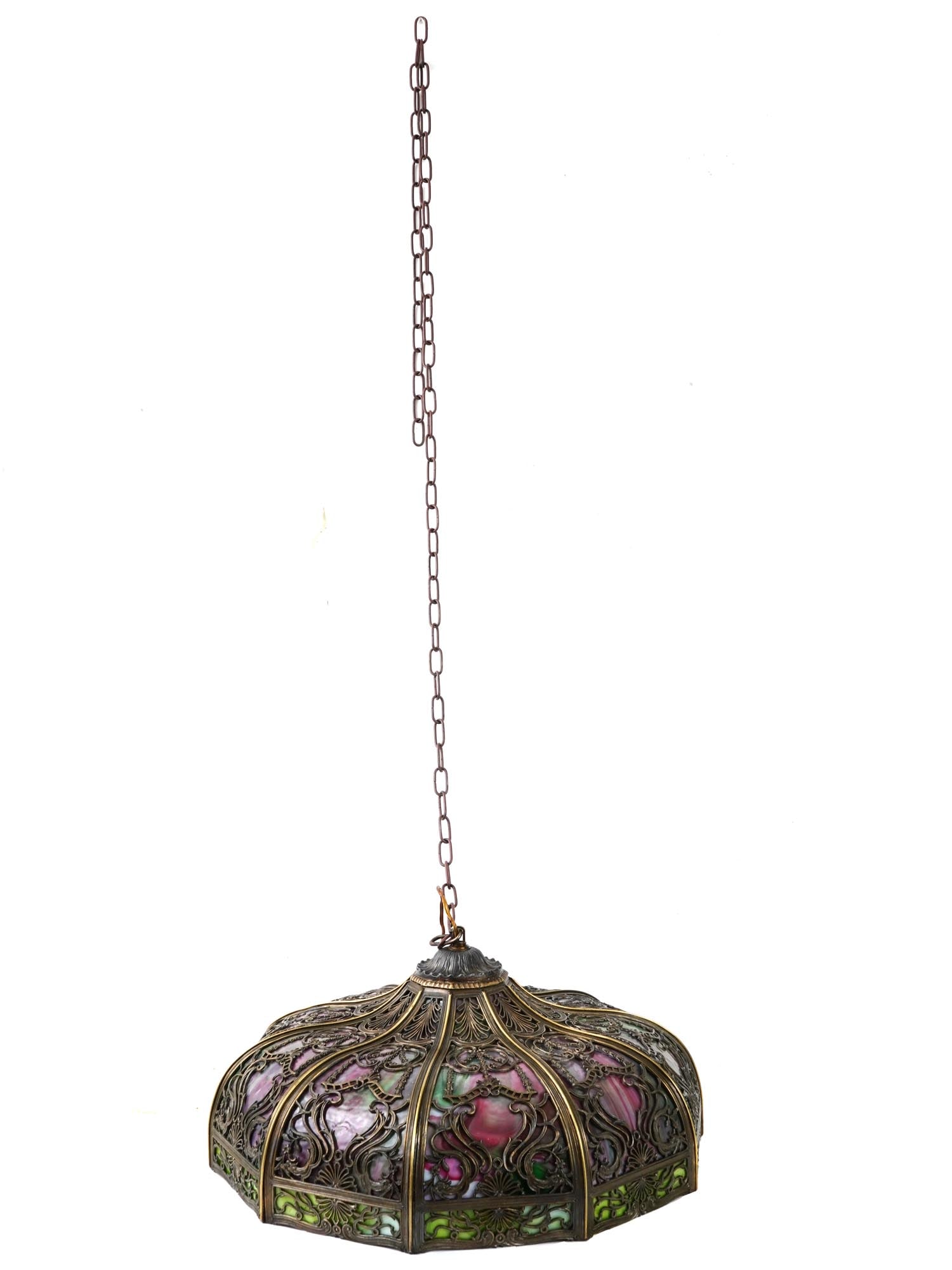 VINTAGE GILT BRASS AND COLOR GLASS CEILING LIGHT (1 of 7)