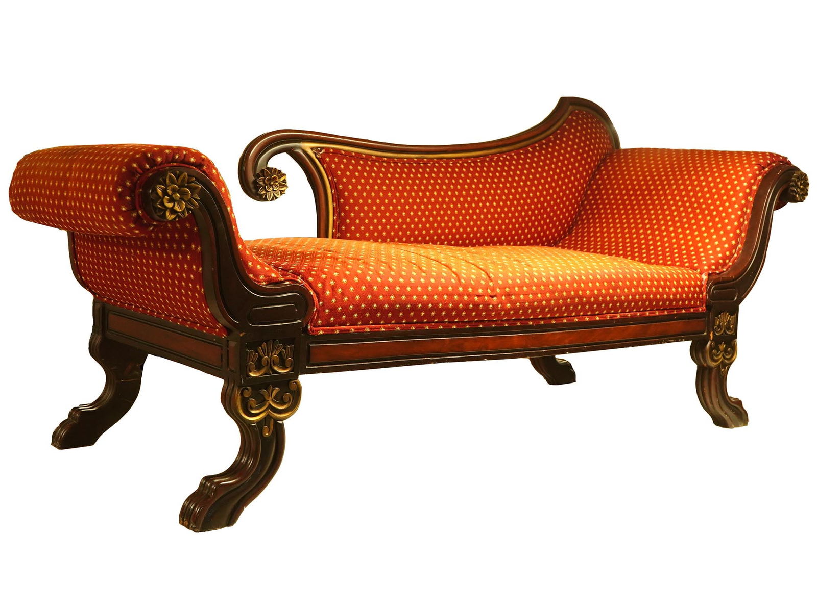 FRENCH EMPIRE MANNER RED UPHOLSTERED AND WOOD COUCH (1 of 12)