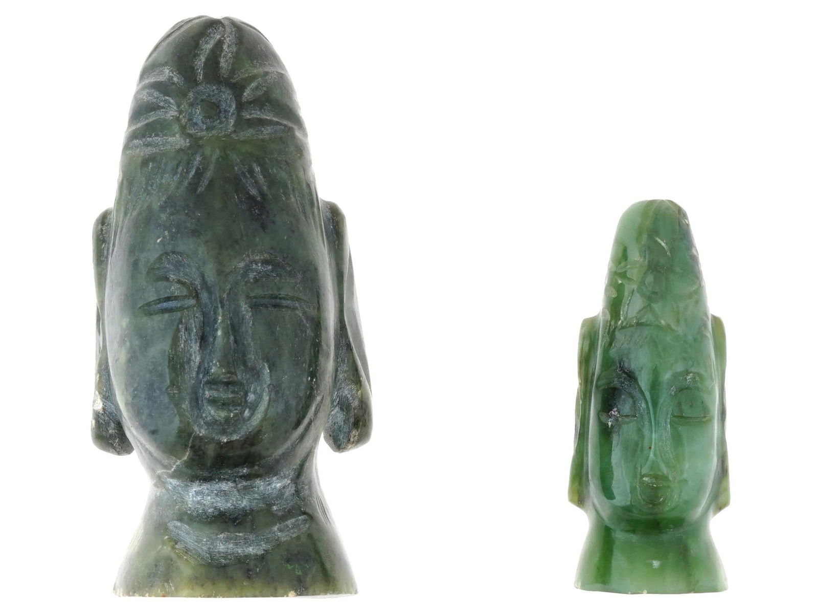 TWO ANCIENT PRE COLUMBIAN AZTEC JADE HEAD FIGURINES (1 of 5)