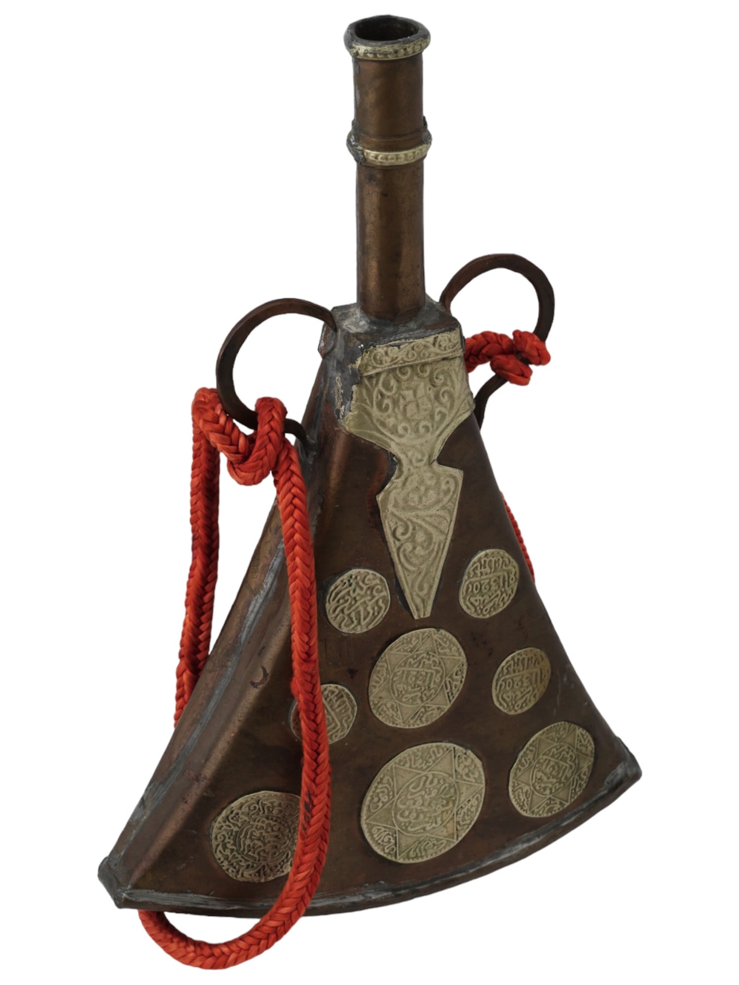 ANTIQUE MOROCCAN BERBER BRASS POWDER FLASK W COINS (1 of 8)